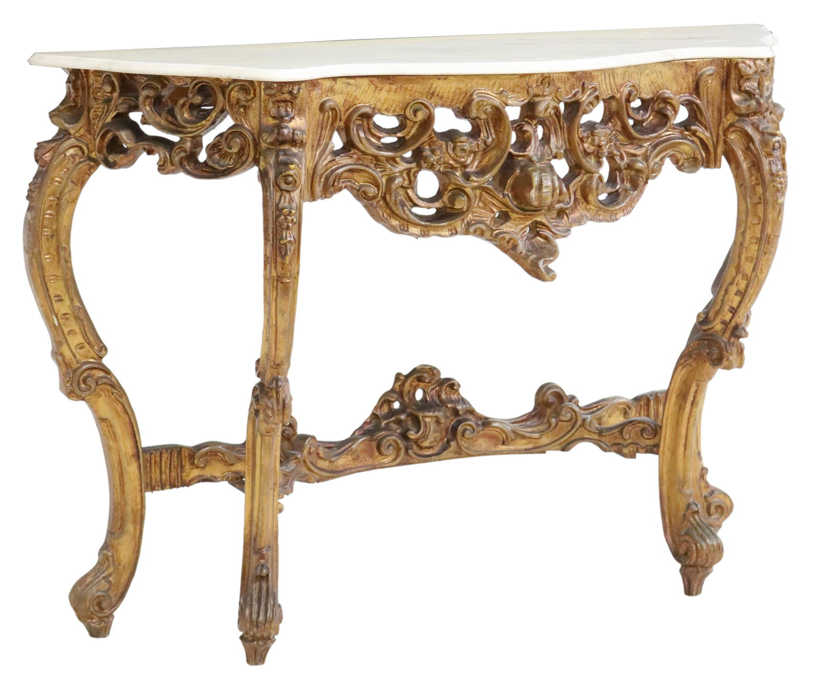 LOUIS XV STYLE MARBLE-TOP CONSOLE TABLE: Louis XV style painted gilt console table, 20th c., having shaped marble top, over pierced apron with scrolled foliates and floral motifs, rising on cabriole legs, ending on whorl feet, approx 33.5"h,