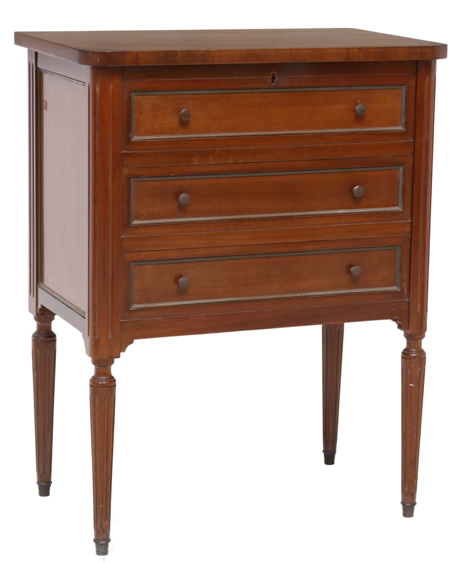 FRENCH LOUIS XVI STYLE MAHOGANY BAR CABINET: French Louis XVI style mahogany bar cabinet, 20th c., hinged top and fall-front panel, opening to mirror-lined interior with shelves, rising on tapering fluted legs, approx 30.75"h, 24"w, 15"d Start P