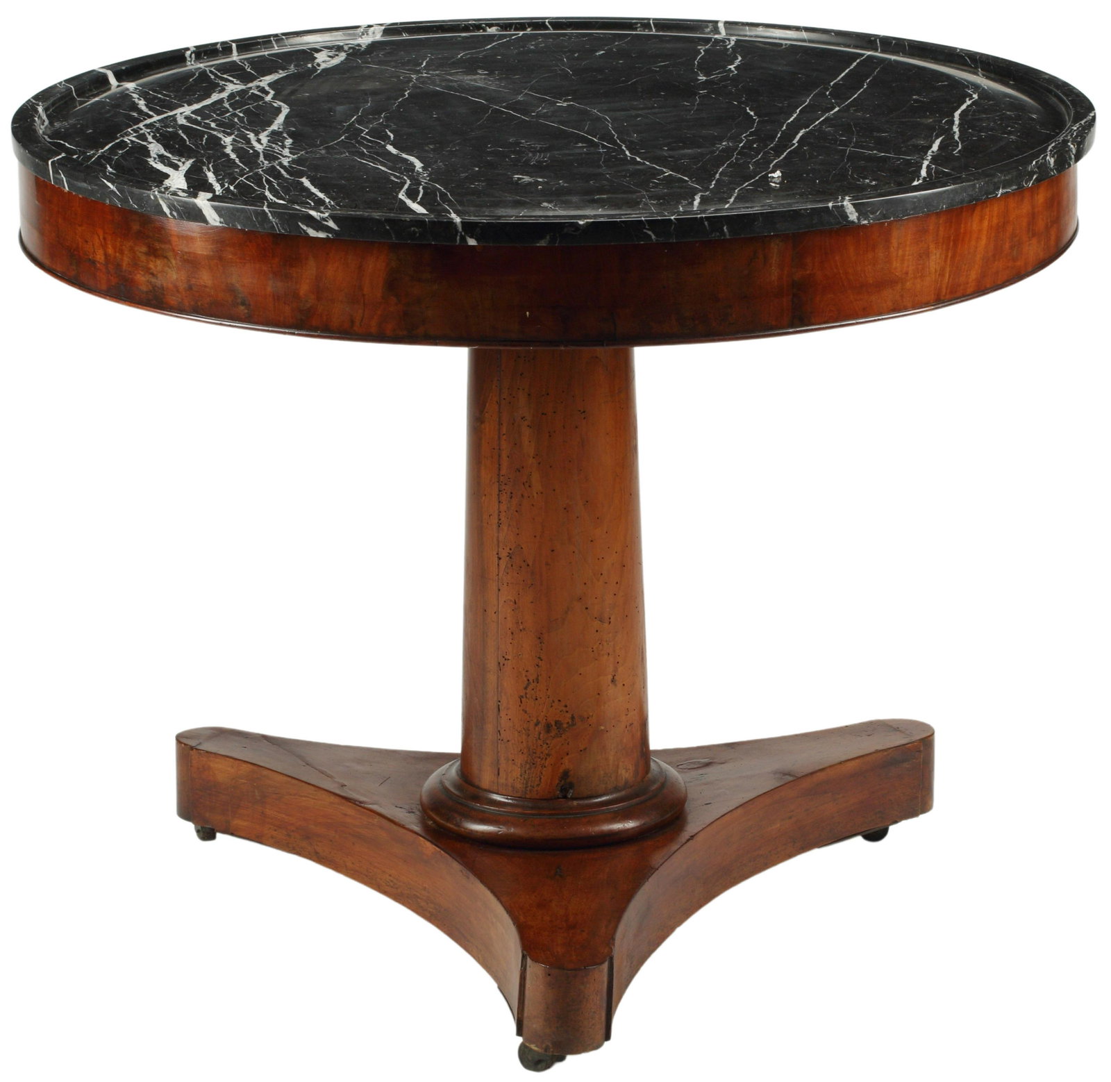 EMPIRE STYLE MARBLE-TOP MAHOGANY GUERIDON: Empire style marble-top mahogany center table, approx 30"h, 38"diam Start Price: $300.00