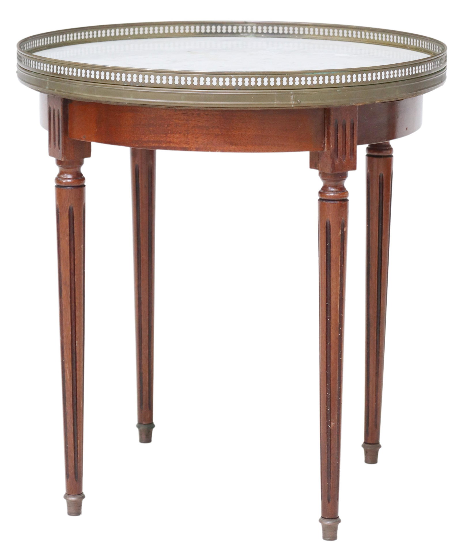 LOUIS XVI STYLE MARBLE-TOP BOUILLOTTE SIDE TABLE: French Louis XVI style bouillotte type table, 20th c., pieced gilt metal gallery encasing circular marble top, over mahogany frame, rising on fluted tapered legs, ending on brass cap feet, approx 21"h