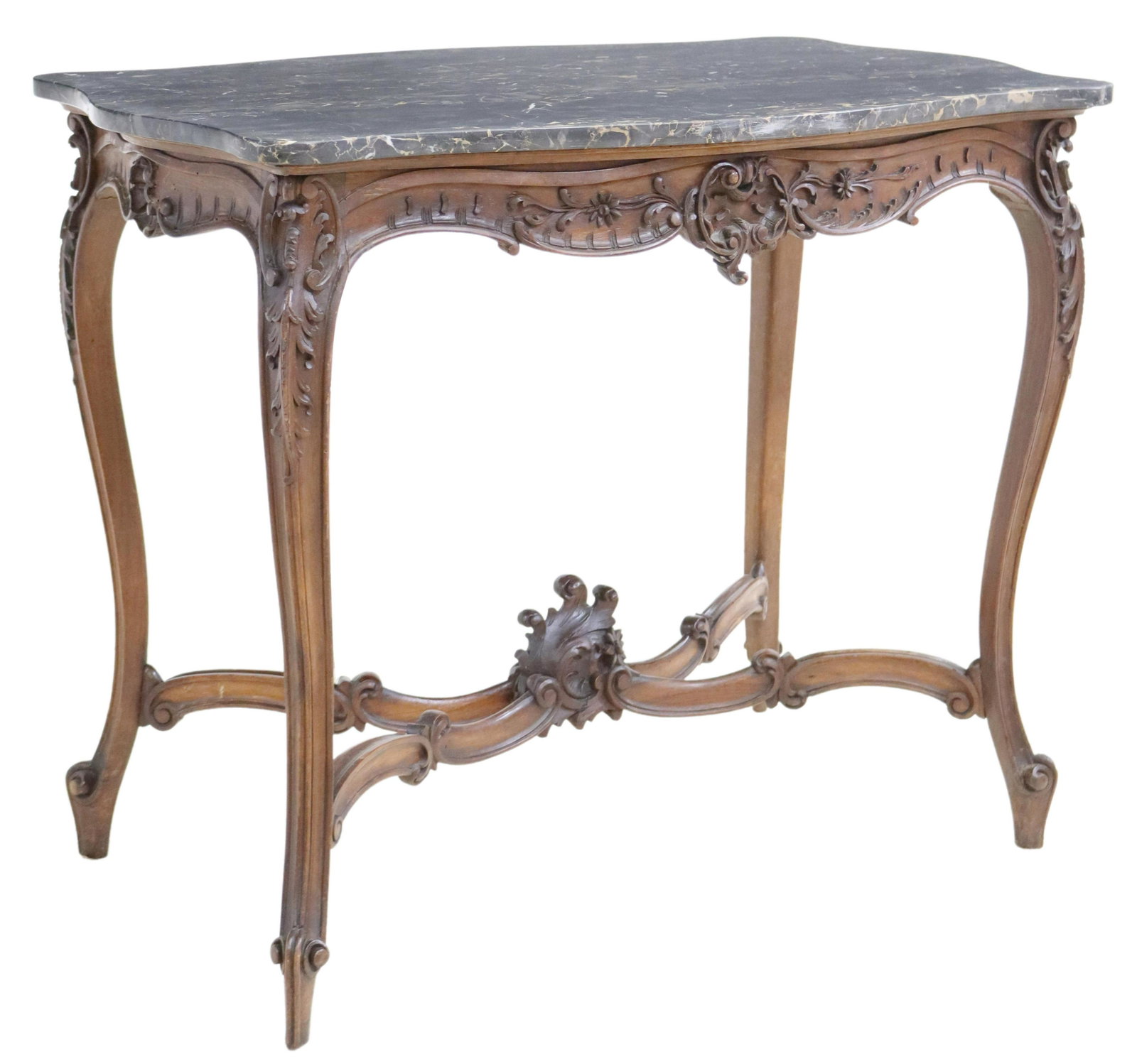 LOUIS XV STYLE MARBLE-TOP ACCENT TABLE: Louis XV style carved occasional table, 19th c., having shaped marble top, over apron carved with shell and foliate motifs, rising on cabriole legs, joined with rocaille cross stretcher, ending on who