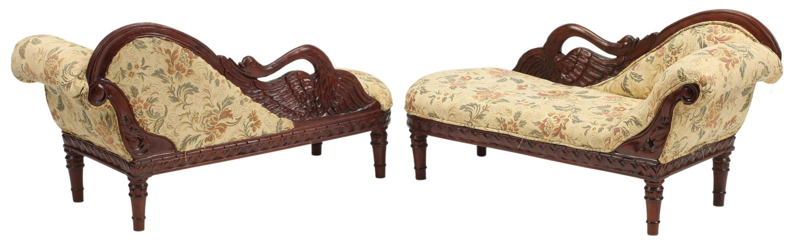 (2) MINIATURE EMPIRE STYLE UPHOLSTERED RECAMIERS: (lot of 2) Miniature Empire style upholstered recamiers, approx 18.5"h, 36"w, 14"d Start Price: $300.00