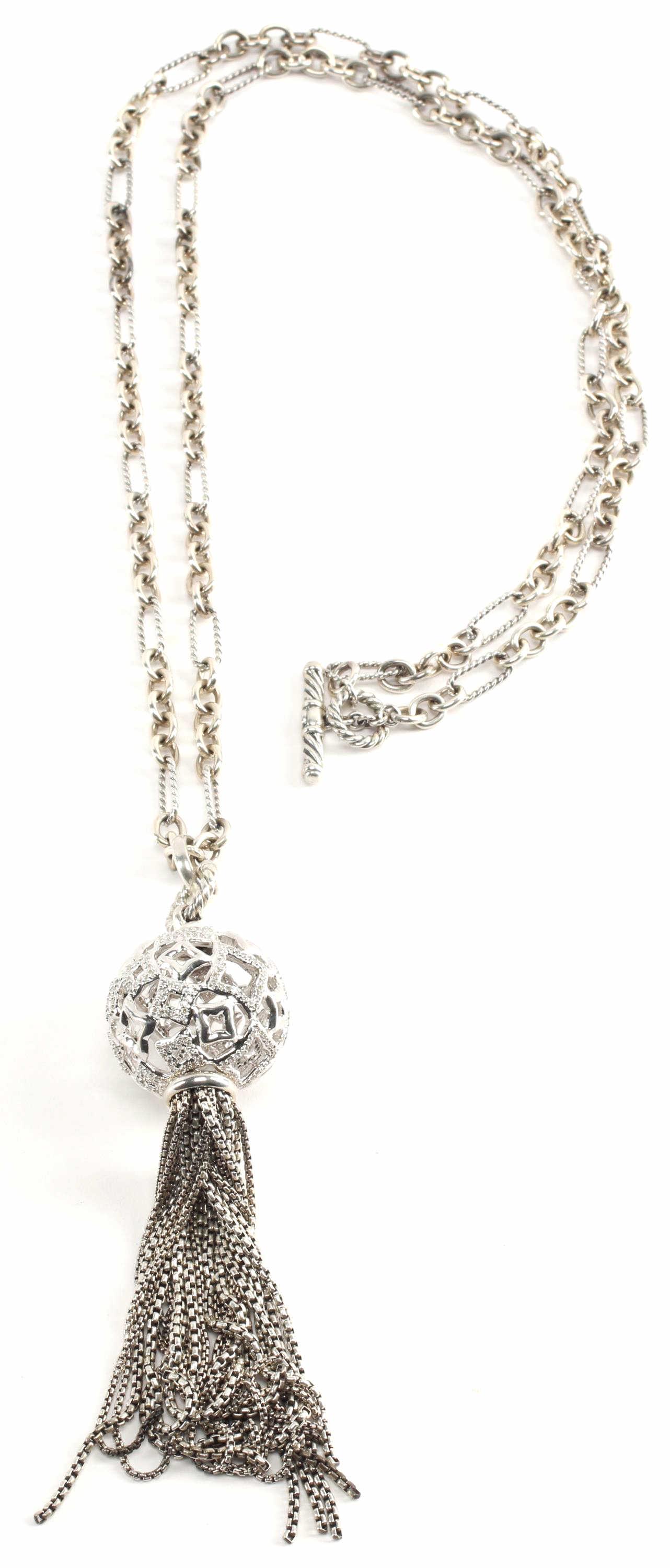 DAVID YURMAN STERLING & DIAMOND TASSEL PENDANT: Estate sterling silver and diamond tassel pendant on link chain necklace, David Yurman, pendant: approx 4.75"l, chain: approx 30"l; 66.3 grams total (inclusive of all materials) Start Price: $400.00