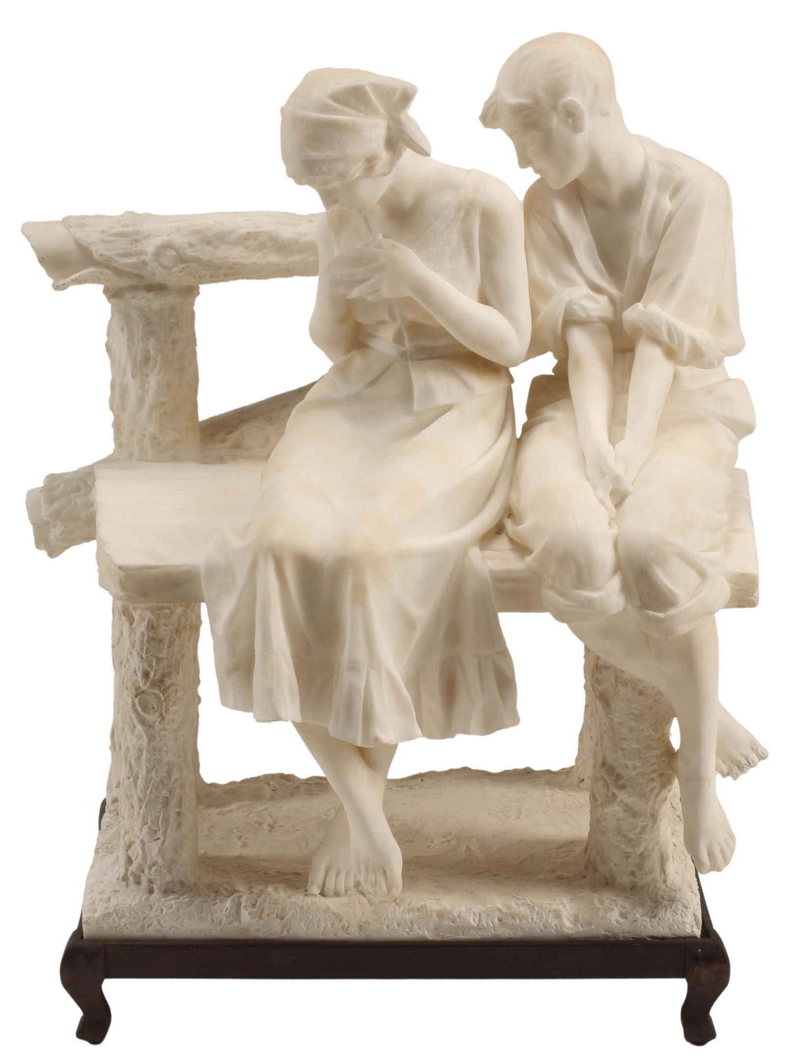 CARVED ALABASTER SCULPTURE COUPLE ON BENCH: Large carved alabaster sculpture, on carved wood base, small typical losses, approx 28"h, 23"w, 14"d Start Price: $400.00