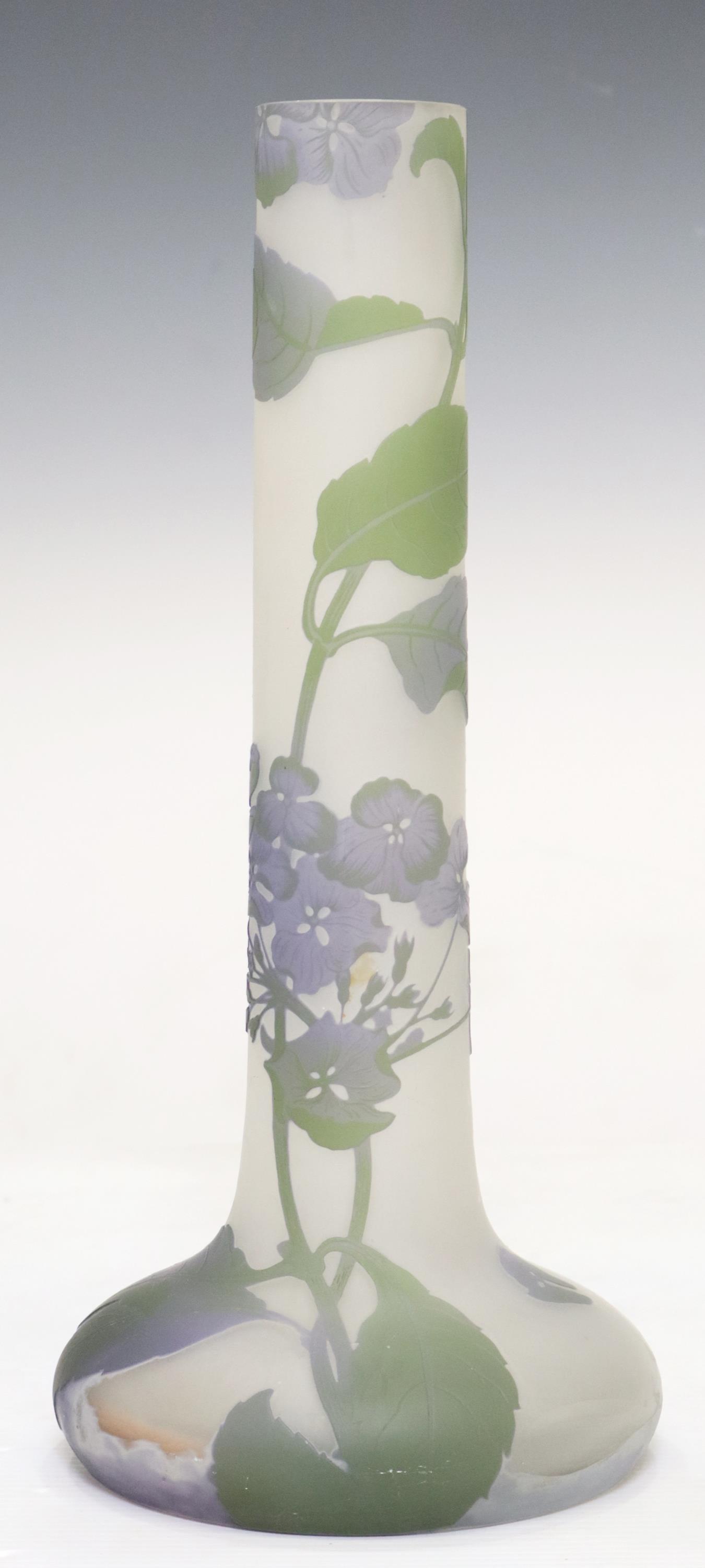 EMILE GALLE (1846-1904) HORTENSIA CAMEO GLASS VASE: French cameo glass vase, Emile Galle (Nancy, France, 1846-1904), early 20th c., narrow neck over bulbous body, with etched hortensia (hydrangea) flowers, Galle signature, drilled as a lamp, small chip