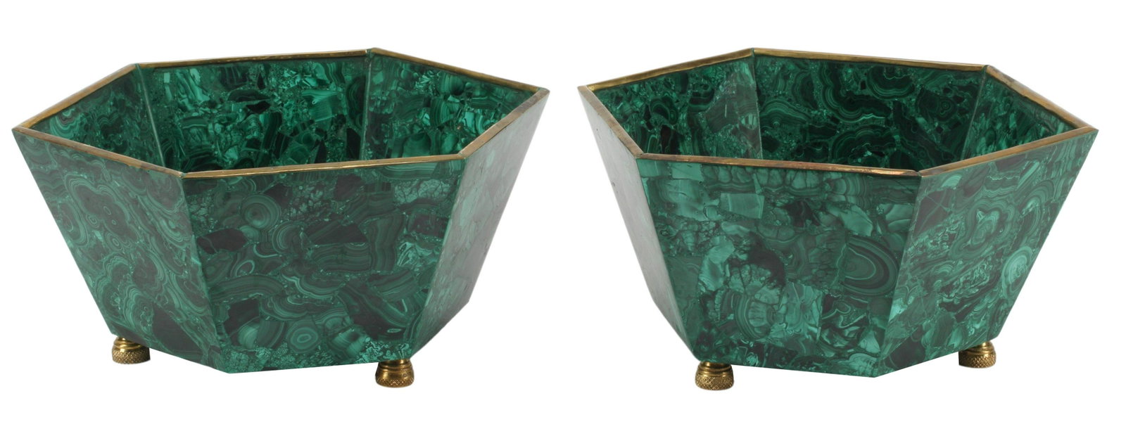 (2) MALACHITE-TILED CACHEPOTS/ PLANTERS: (pair) Malachite-tiled cachepots/ planters, approx 6.5"h, 13"diam, 16.25lbs total Start Price: $400.00