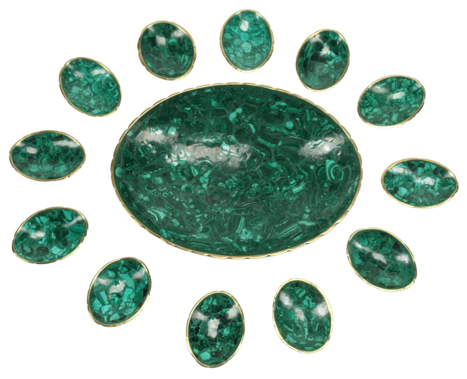 (13) MALACHITE-TILED DISHES & SERVING PLATTER: (lot of 13) Malachite-tiled dishes, largest: approx 14.5"l, 11"w, 6.75lbs total Start Price: $300.00