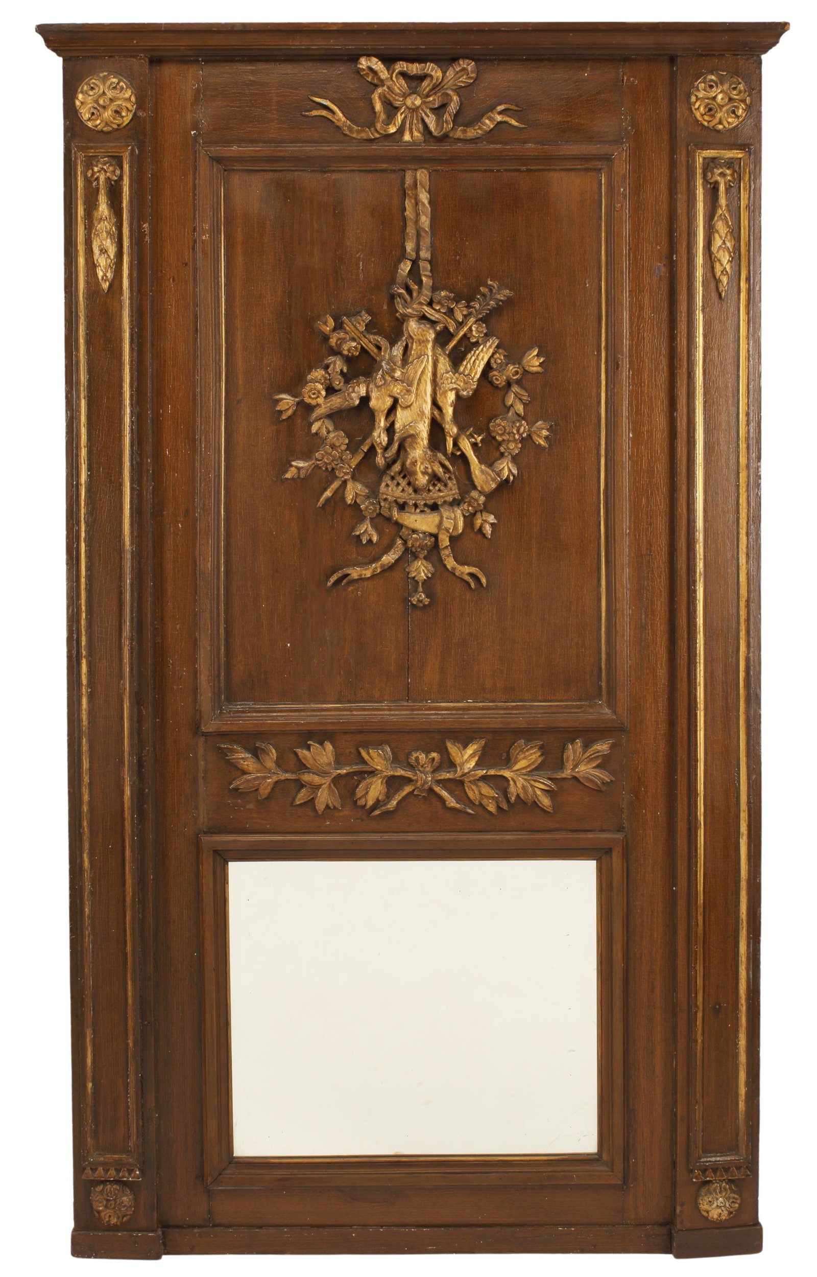 CARVED & PARCEL GILT TRUMEAU MIRROR, 81" X 48": Carved and parcel gilt trumeau mirror, approx 81"h, 48"w Start Price: $600.00