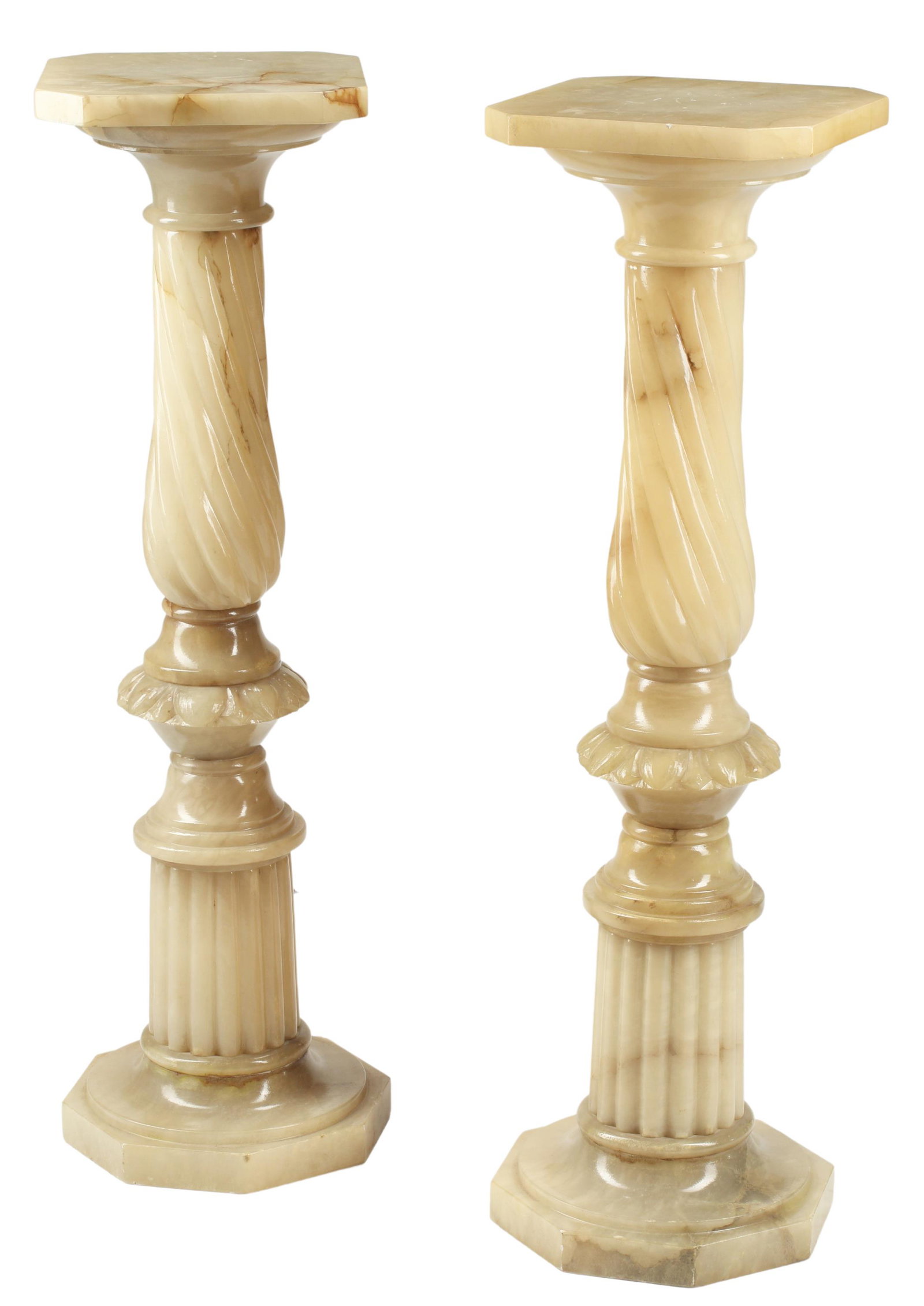 (2) LOUIS XVI STYLE ALABASTER FLUTED PEDESTALS: (pair) Louis XVI style alabaster fluted pedestals, drilled to interior under top and at base, approx 39.5"h, 12"w, 12"d Start Price: $300.00