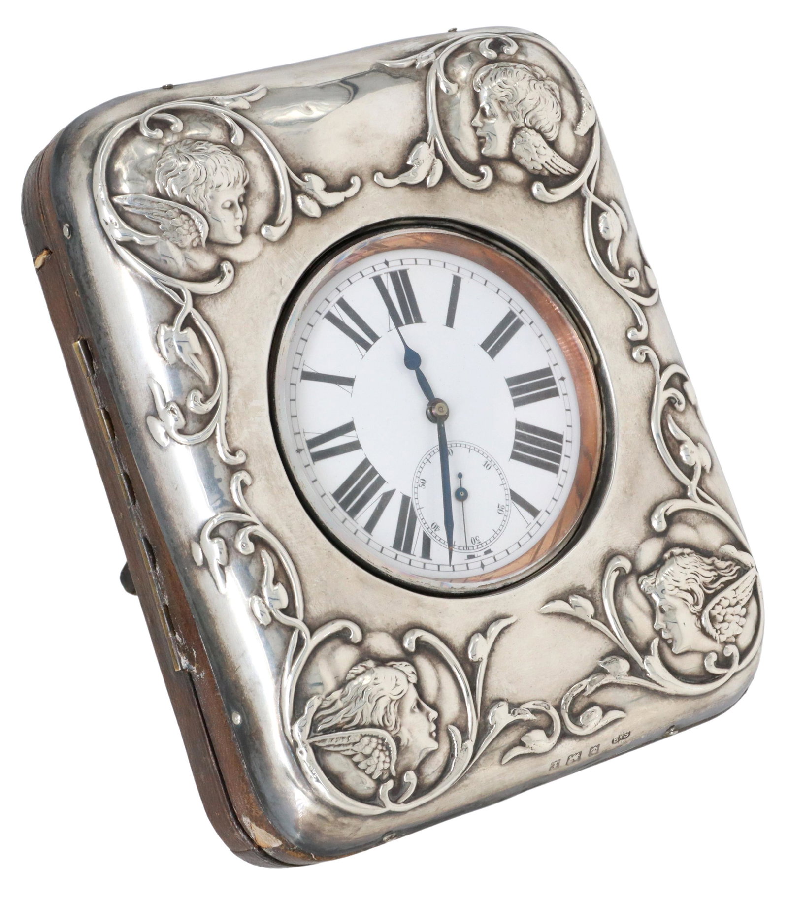 ENGLISH STERLING GOLIATH POCKET WATCH DESK STAND: English Edwardian sterling silver pocket watch desk stand/ case, Synyer & Beddoes (Harry Synyer & Charles Joseph Beddoes), c.1905, Birmingham hallmarks, silver-clad face with repousse putti, case hous