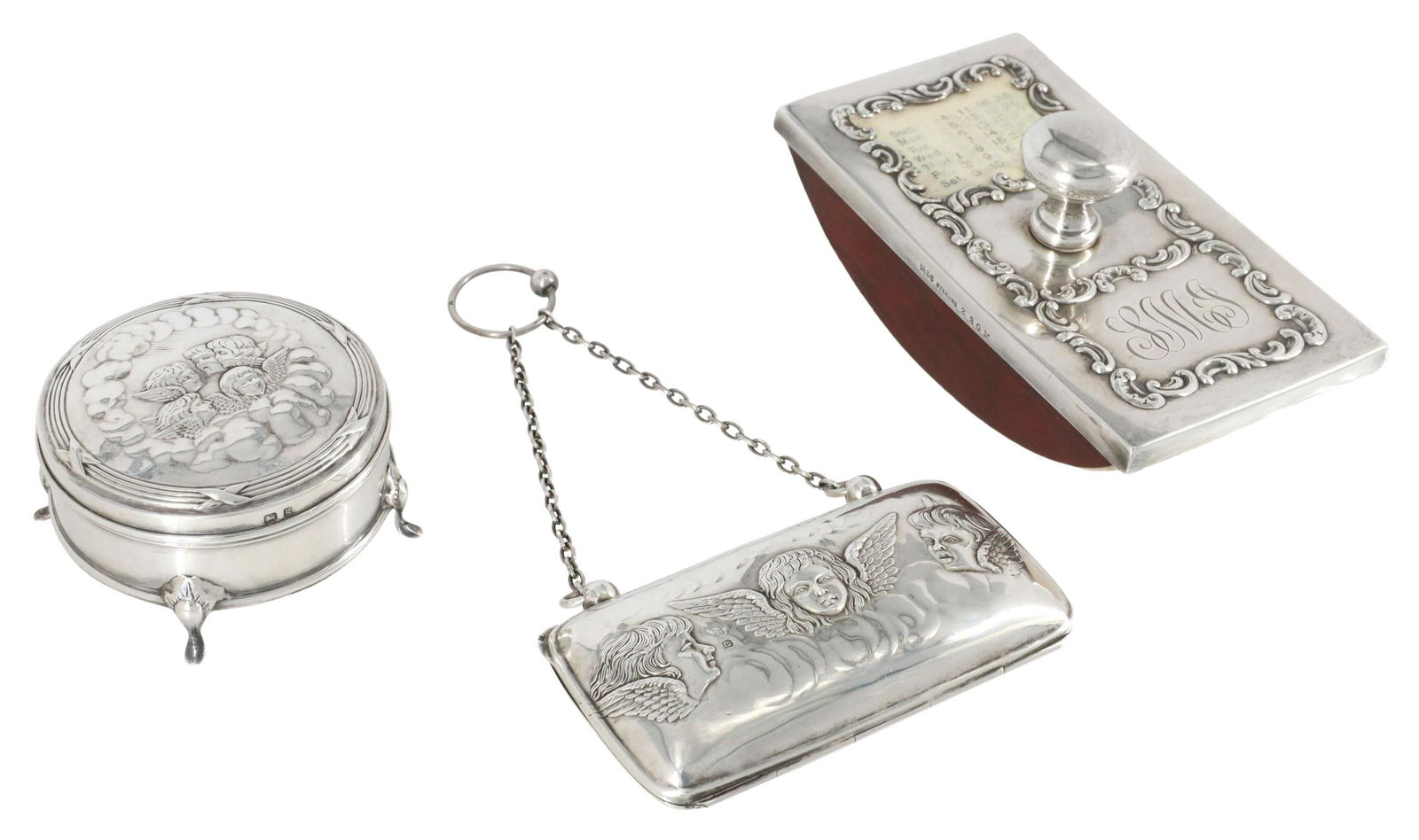 (3) ENGLISH STERLING COIN PURSE & JEWELRY BOX: (lot of 3) English Edwardian sterling silver accessories, Henry Matthews, with repousse putti, Birmingham hallmarks, including: (1) coin purse, c.1904, worn fabric lining, approx 6.25"l (inclusive of