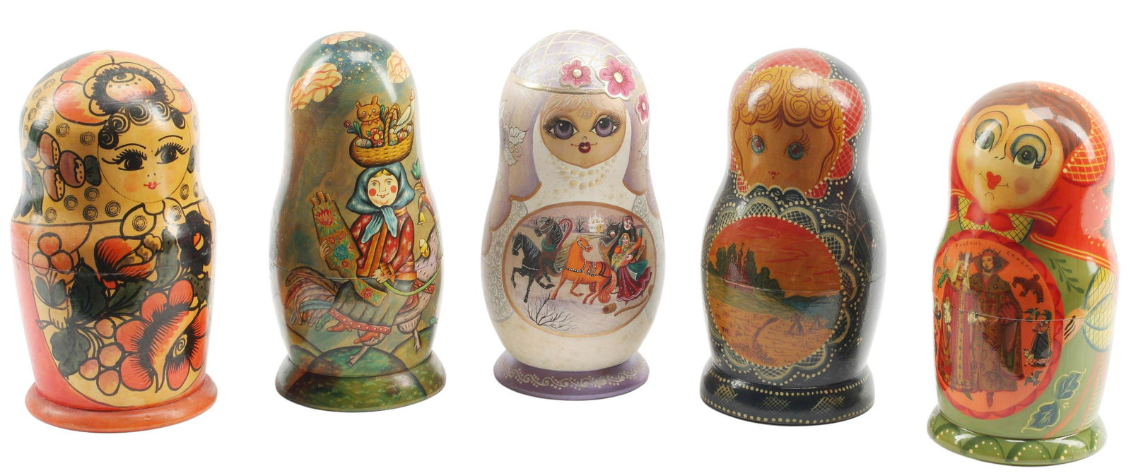 (5) RUSSIAN PAINTED MATRYOSHKA NESTING DOLLS: (lot of 5) Russian polychrome painted wood Matryoshka dolls/ nesting dolls, largest: approx 9"h, 4.5"diam, 6.5lbs total Start Price: $300.00