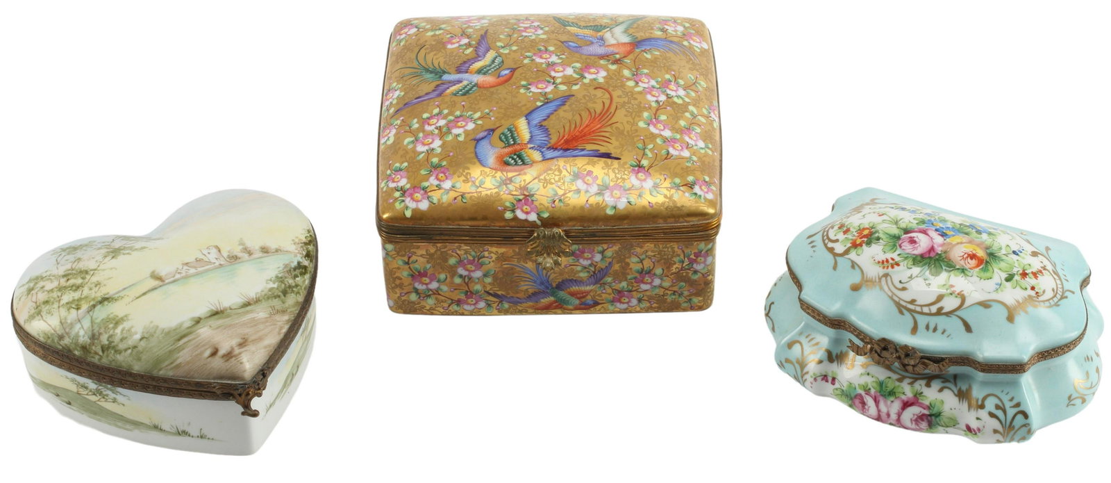(3) LARGE PORCELAIN TRINKET BOXES: (lot of 3) Large painted porcelain boxes, largest: approx 3.5"h, 8"w, 8"d, 7lbs total Start Price: $150.00