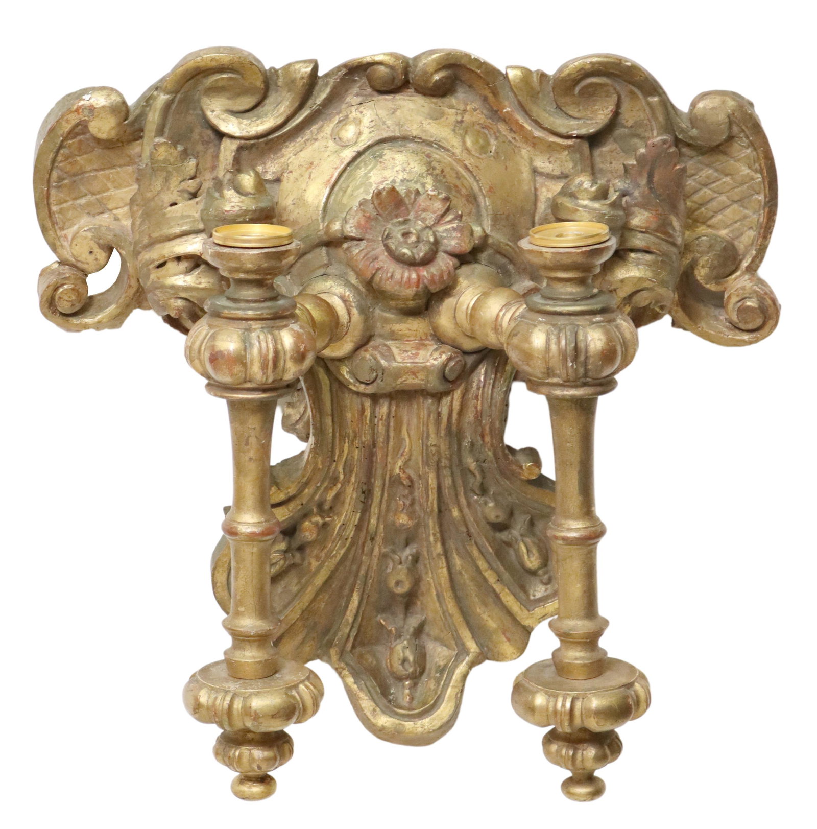 BAROQUE STYLE GILTWOOD CANDLE SCONCE: Baroque style giltwood candle sconce, 19th c., two candle cups, cartouche-shaped back with carved foliate scrolls, approx 22"h, 23.5"w Start Price: $200.00