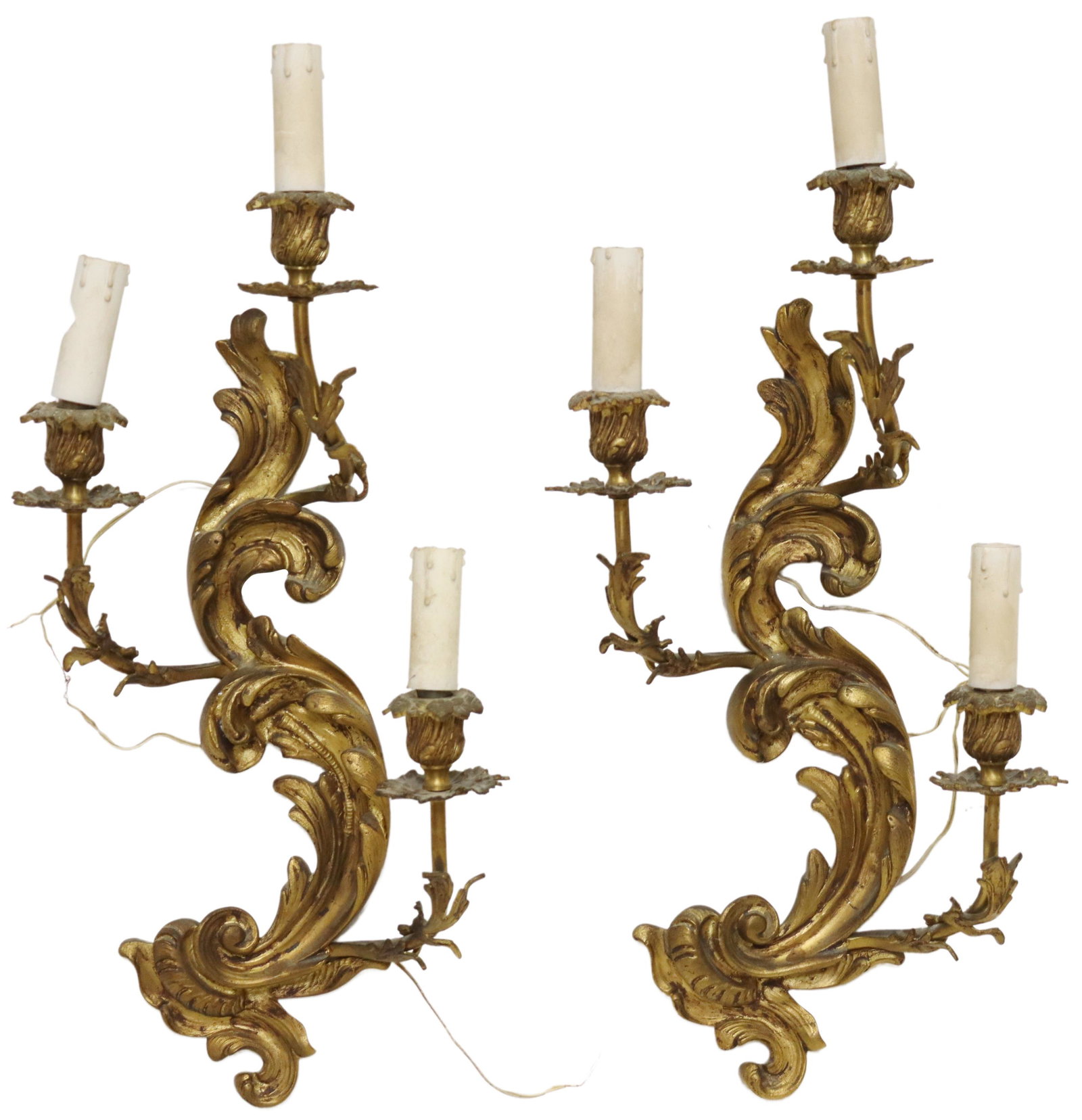 (2) LOUIS XV STYLE BRONZE 3-LIGHT WALL SCONCES: (pair) Louis XV style bronze three-light wall sconces, 20th c., having rocaille back plate, issuing foliated arms and bobeches, in need of wiring, approx 22"h, 10"w, 5"d, 10.5lbs total Start Price: $1