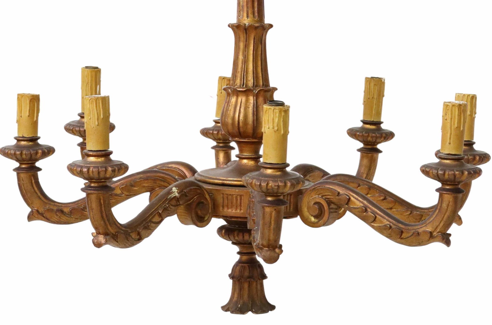 LOUIS XVI STYLE PAINTED 9-LT CHANDELIER: Louis XVI style wood nine-light chandelier, early 20th c., having fluted and turned standard, issuing eight scrolling foliate arms, over drop finial light, in need of wiring, approx 43"h, 35.5"diam St