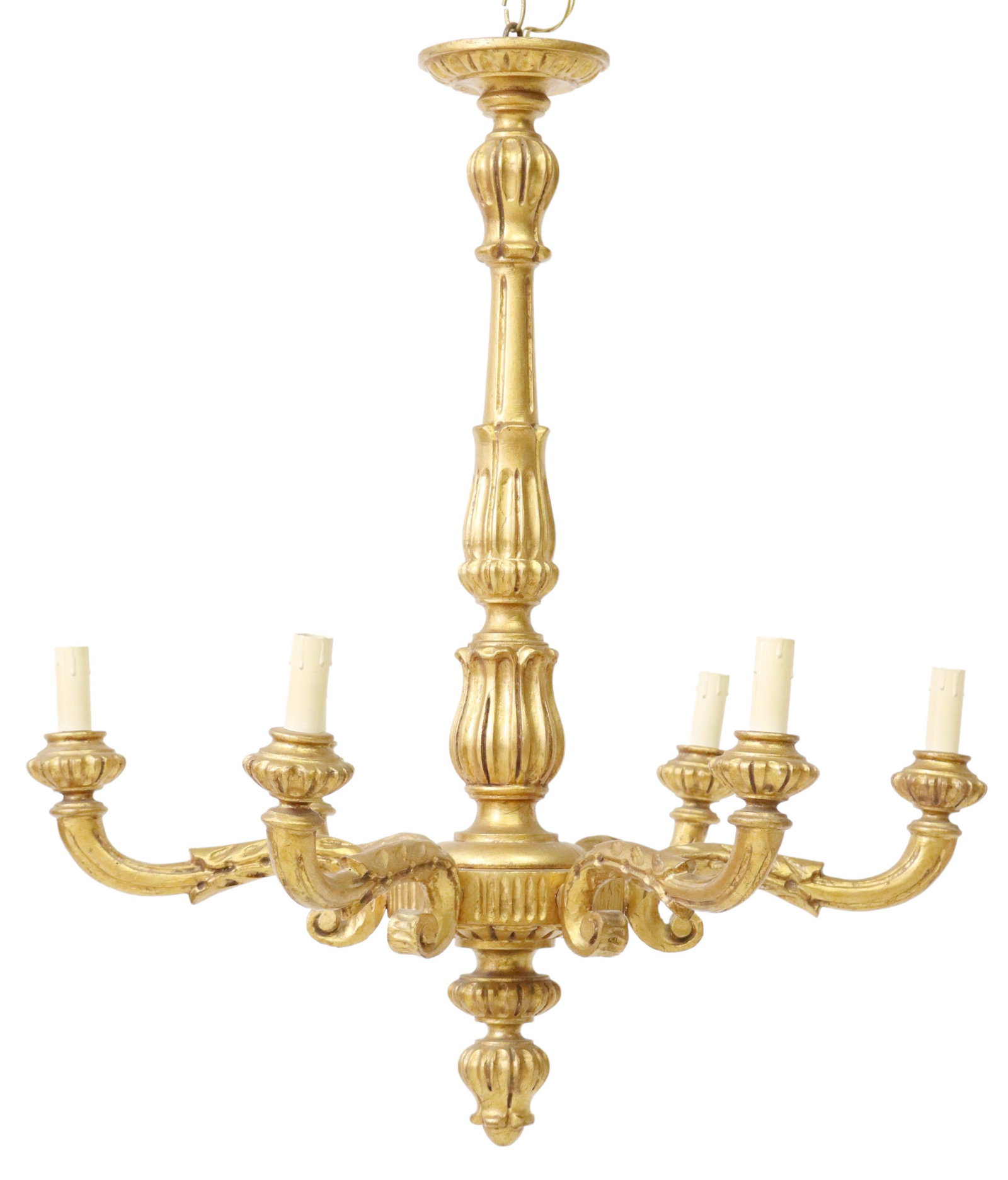 LOUIS XVI STYLE GILTWOOD 6-LT CHANDELIER: Louis XVI style giltwood six-light chandelier, early 20th c., having fluted and turned standard, issuing scrolling foliate arms, all over drop finial, in need of wiring, approx 31"h, 28"diam Start Pri