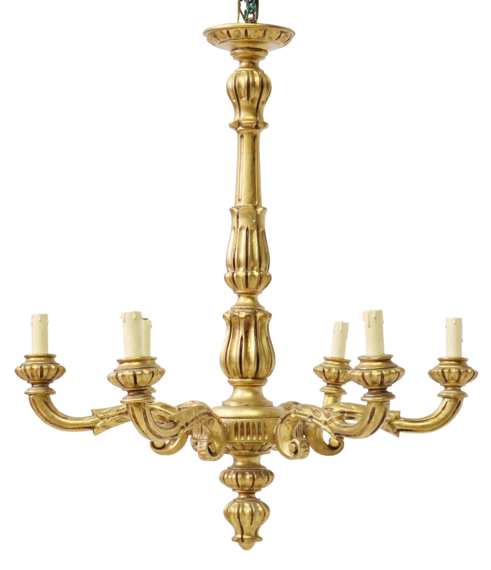 LOUIS XVI STYLE GILTWOOD 6-LT CHANDELIER: Louis XVI style giltwood six-light chandelier, early 20th c., having fluted and turned standard, issuing scrolling foliate arms, all over drop finial, in need of wiring, approx 31.25"h, 28.5"diam Star