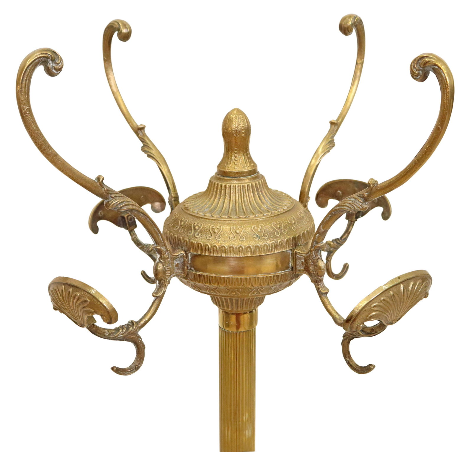 ITALIAN GILT METAL STANDING HALL TREE, 67"H: Italian gilt metal standing hall tree, 20th c., having scrolled hooks, over fluted and foliate standard, rising on tripodal base, ending on paw feet, approx 67"h, 19.5"w Start Price: $150.00