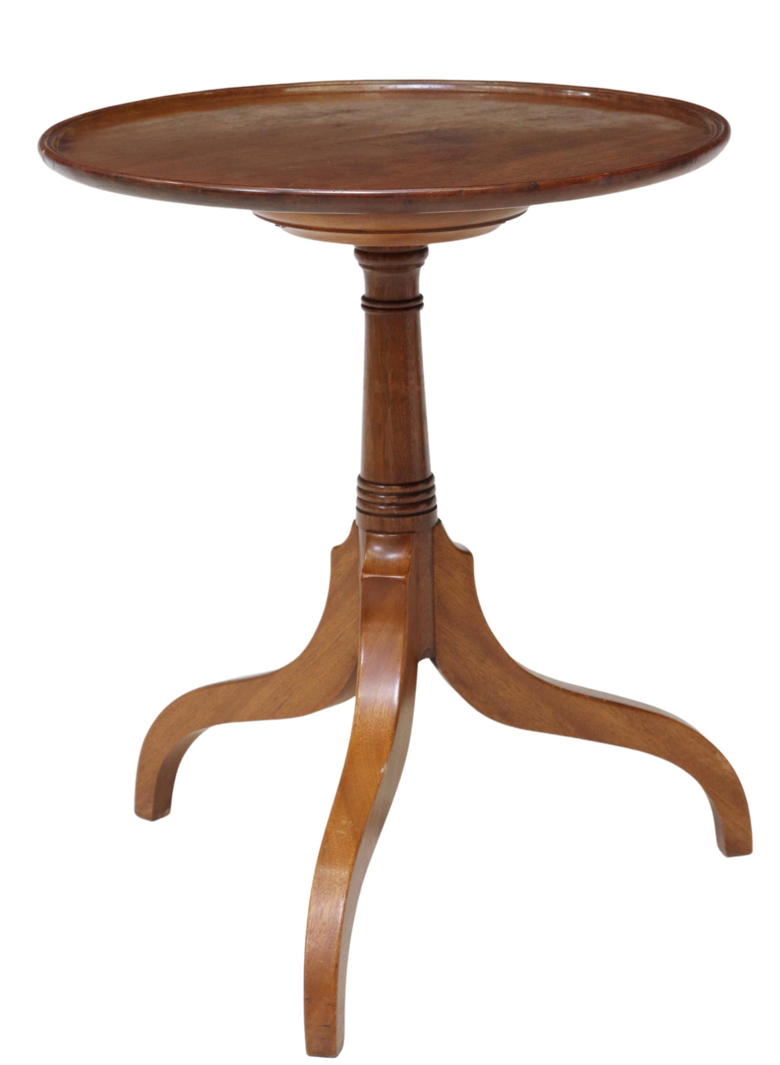 HEPPLEWHITE STYLE MAHOGANY TRIPOD SIDE TABLE: Hepplewhite style mahogany side table, 20th c., having round top, over turned standard, rising on curved tripodal legs, approx 25.25"h, 21"diam Start Price: $100.00
