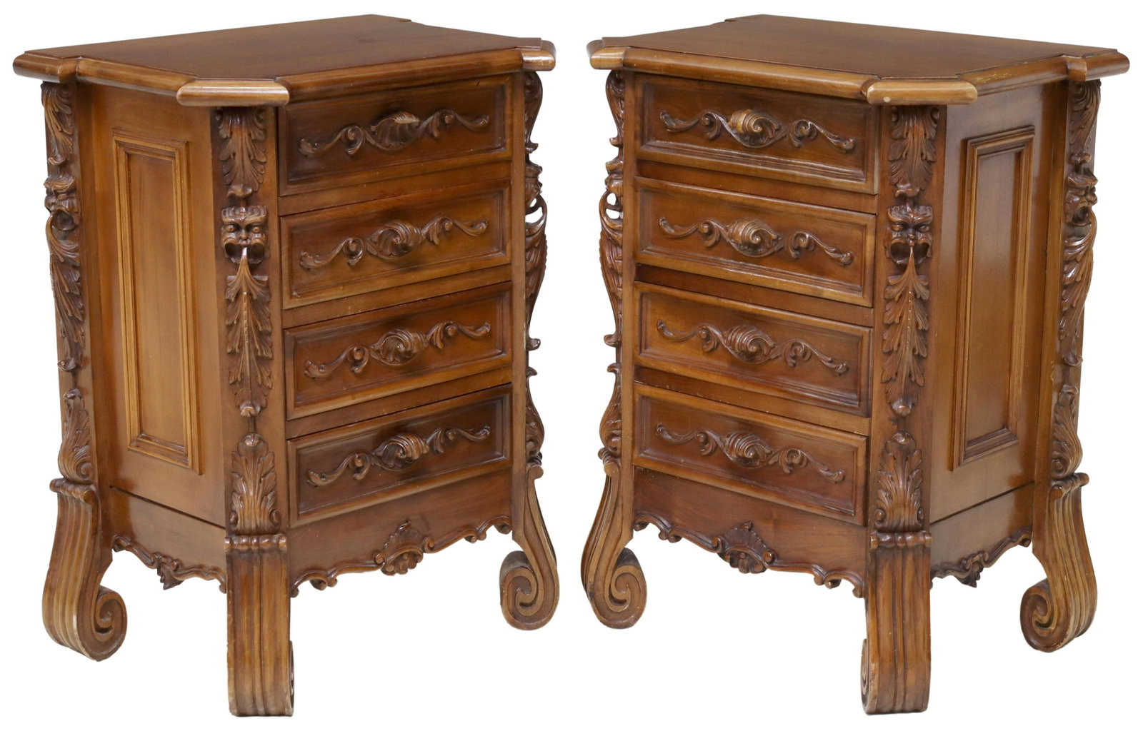 (2) ITALIAN CARVED WALNUT 4-DRAWER NIGHTSTANDS: (pair) Italian carved walnut nightstands, 20th c., each with shaped top, over conforming case fitted with four drawers, carved with figural masks and scrolled foliate motifs, rising on scrolled feet, 