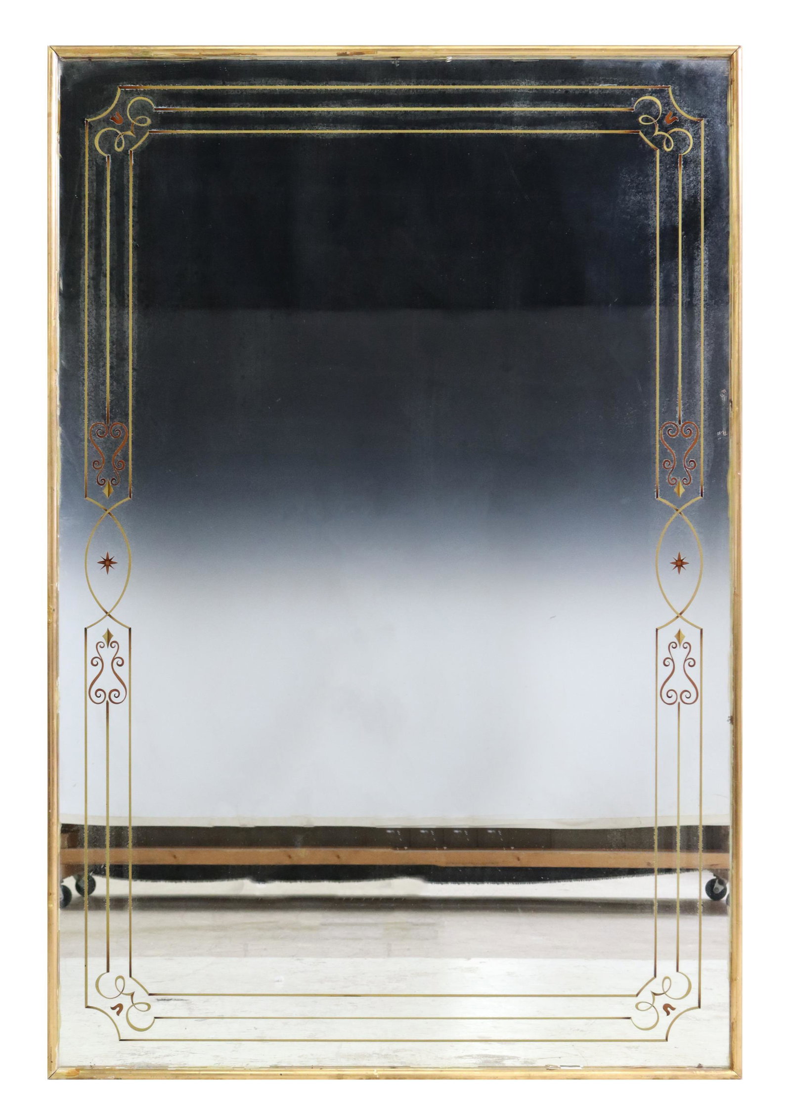 FRENCH GILTWOOD & REVERSE-PAINTED WALL MIRROR: French giltwood wall mirror, 20th c., having rectangular frame, encasing reverse painted flat mirror plate, in a scrolling and stringwork design, approx 48 1/8"h, 32.25"w, 58lbs **Note: Matched mirror