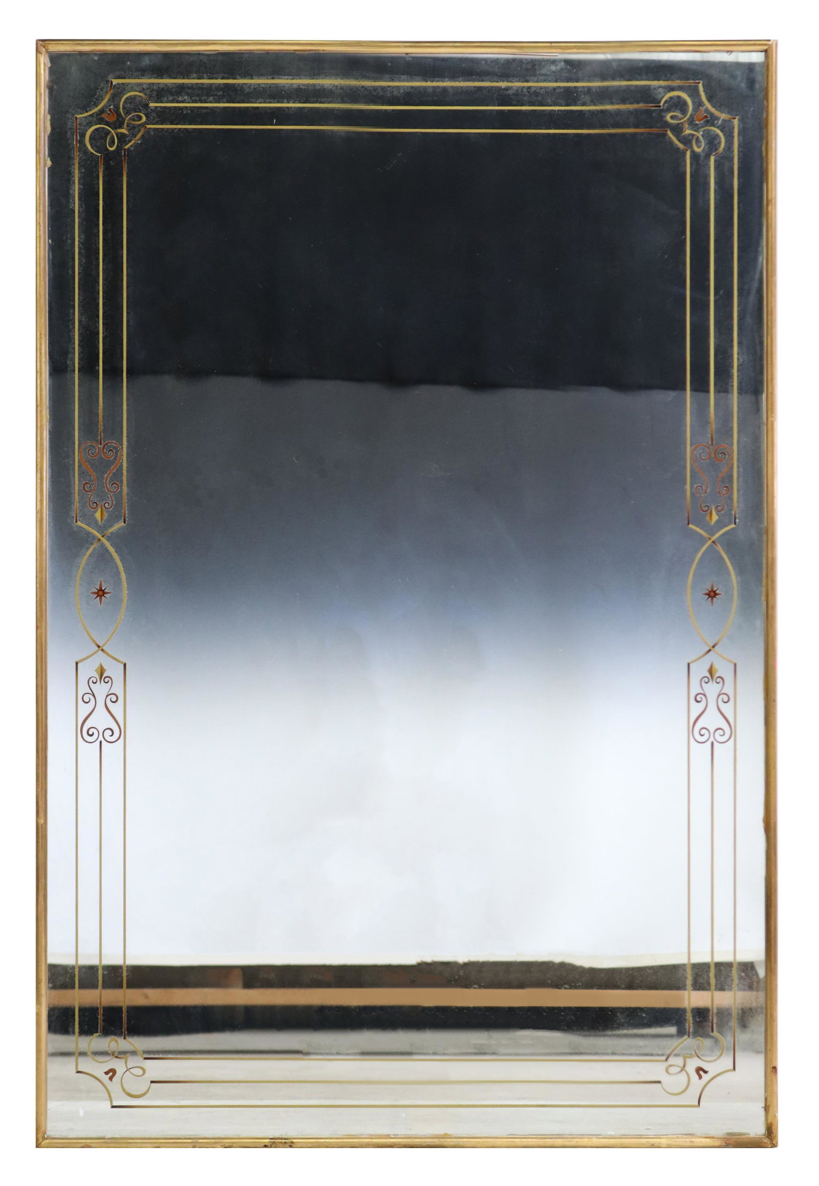 FRENCH GILTWOOD & REVERSE-PAINTED WALL MIRROR: French giltwood wall mirror, 20th c., having rectangular frame, encasing reverse painted flat mirror plate, in a scrolling and stringwork design, approx 48 1/8"h, 32.25"w, 58lbs **Note: Matched mirror