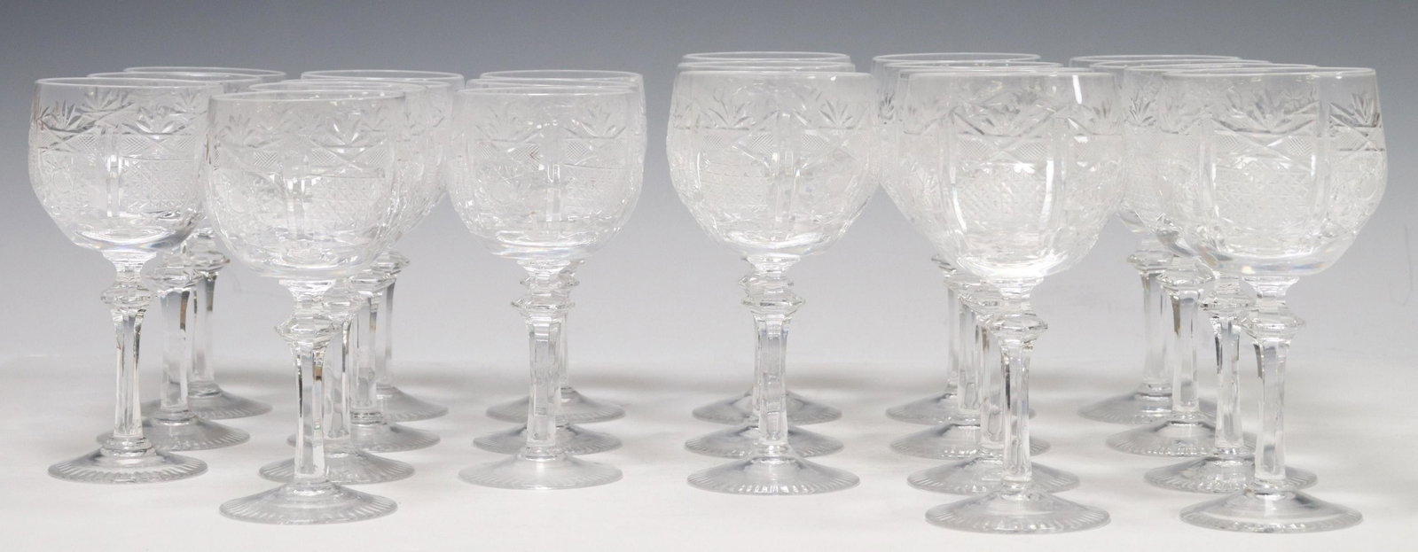 (21) RIEDEL (ATTR.) COLORLESS CUT CRYSTAL STEMWARE: (lot of 21) Colorless cut crystal stemware, attributed by consignor to Riedel, in the "San Michele" pattern, including: (10) wine stems, (two) with small chips/ flaws to interior rim, approx 5.5"h, 2.