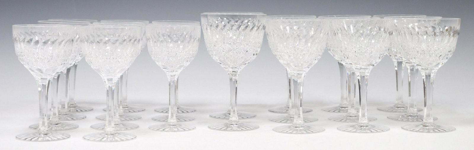 (22) THOMAS GOODE COLORLESS CRYSTAL STEMWARE: (lot of 22) Thomas Goode colorless crystal stemware, all with makers mark underfoot, in varying sizes, including: (2) large water goblets, (one) with chip to base, approx 6.5"h, 3.75" diam; (9) red wi