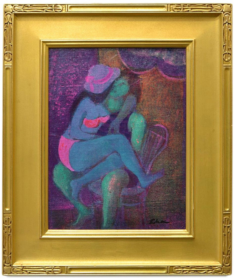FRAMED ACRYLIC PAINTING, 'KISSING,' GUSTAV LIKAN: Framed acrylic painting on board, "Kissing," signed lower right Likan, (Gustav Likan, Yugoslavia, Illinois, Texas 1912-1998), sight: 15.5"h, 11.5"w, overall: 23"h, 19"w, 4.75lbs Start Price: $200.00