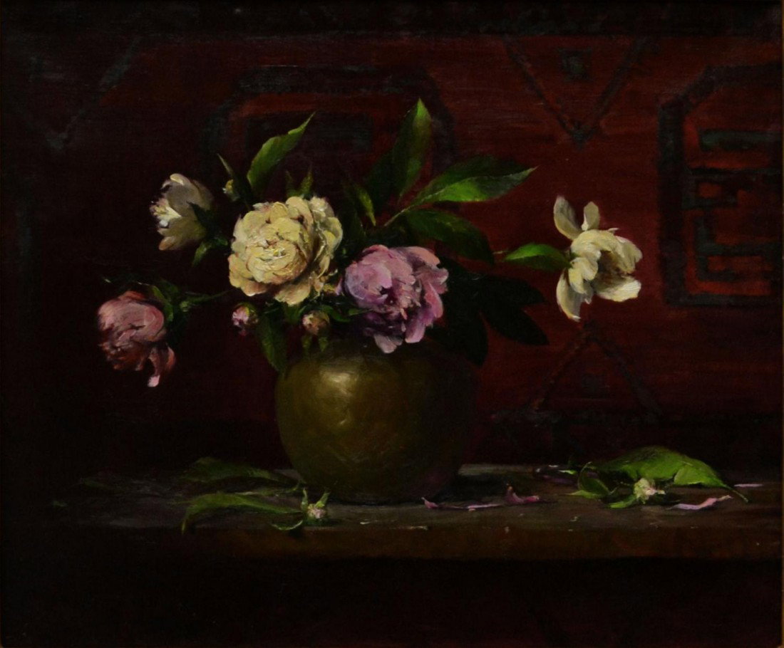 FRAMED OIL PAINTING, ROBERT A. JOHNSON, B. 1942: Framed oil painting on canvas, Peonies in Brass Pot," unsigned, (Robert A. Johnson, American, b. 1942), sight: 20"h, 24"w, overall: 26"h, 30"w, 12.25lbs Start Price: $100.00