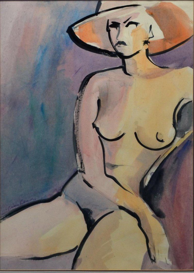 FRAMED PAINTING, NUDE, WARREN CULLAR, TEXAS: Framed mixed media painting on paper, Lounging Nude Lady, signed and dated lower left C. Warren Cullar, 1984, (Texas, late 20th c.),crack in glass lower right corner, sight: 28"h, 20"w, overall: 36.25
