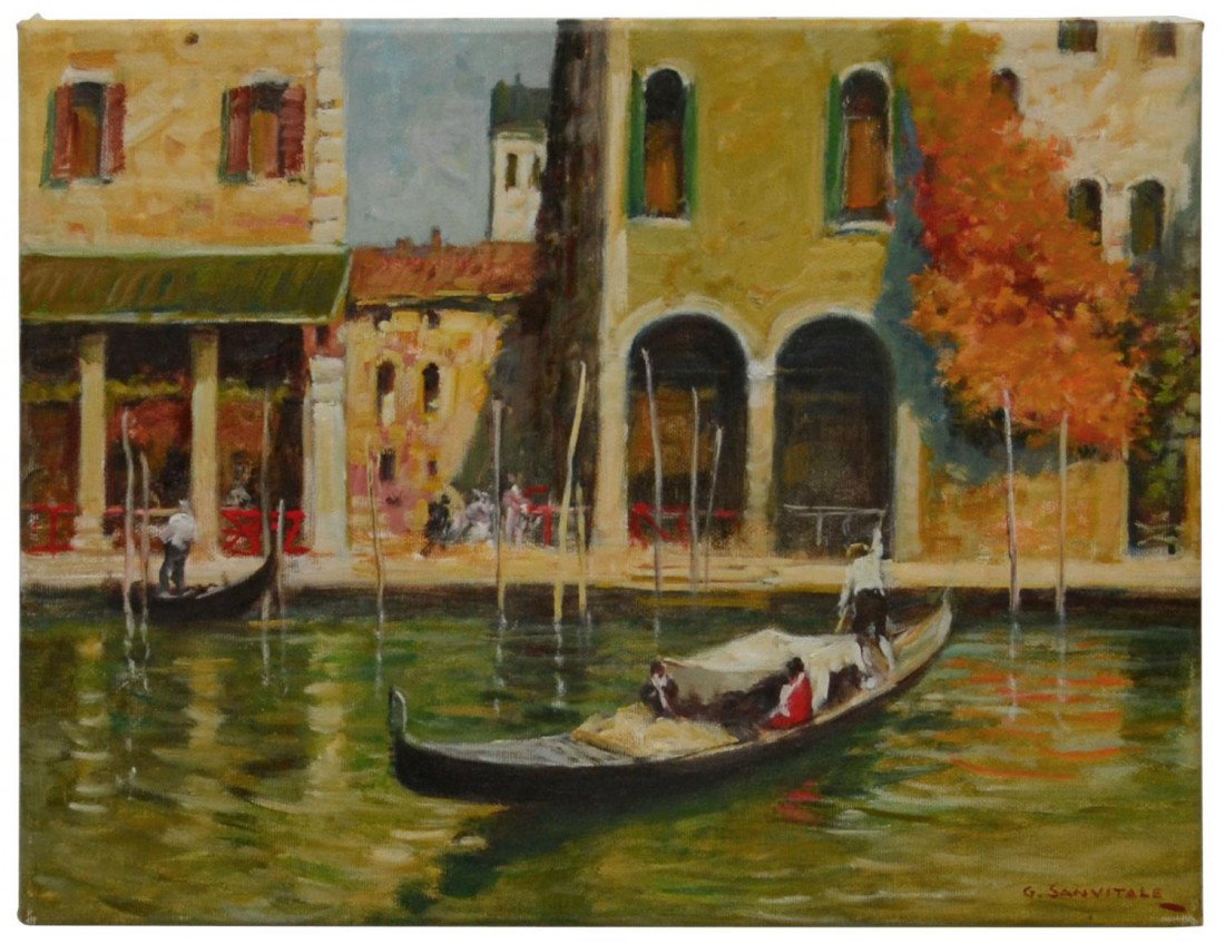 OIL PAINTING, GIOVANNI SANVITALE, ITALY, B.1935: Unframed oil painting on canvas, "Scorcio Sul Canal Grande II," signed lower right G. Sanvitale, (Giovanni Sanvitale, Italy, b. 1935), 12"h, 16"w, 0.75lbs Start Price: $100.00