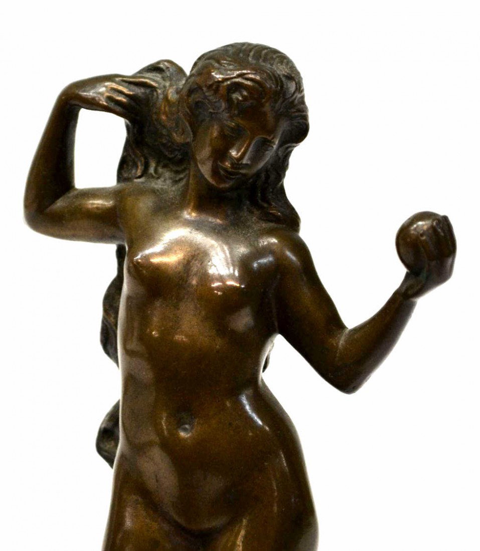 GERMAN BRONZE SCULPTURE, NUDE FEMALE: German bronze sculpture mounted on marble pedestal, Nude Female with Long Hair, with the foundry mark at base of Lauchhammer Bildguss, figure:8"h, overall: 9.5"h, 2.5"w, 2.5"d Start Price: $150.00
