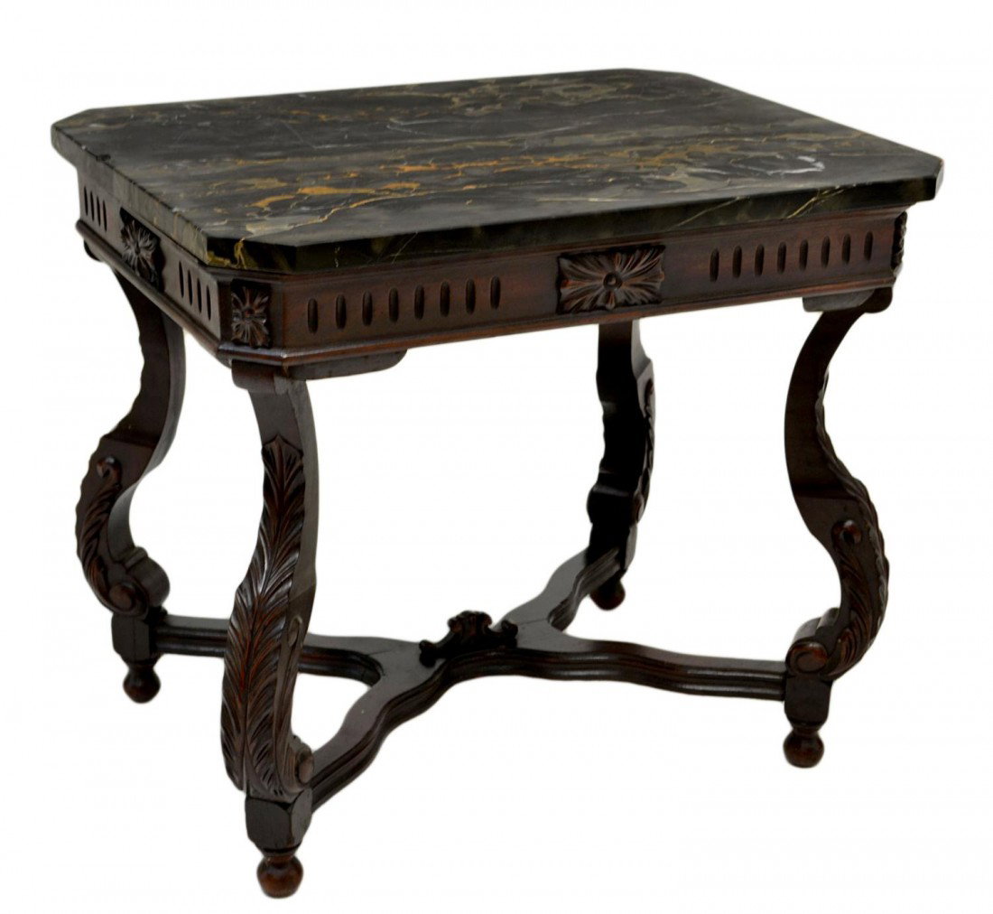 DIMINUTIVE MARBLE TOP COFFEE TABLE: Diminutive marble top coffee table, Continental, early 20th c., black marble with gold veins on stand with acanthus leaves accented supports joined by lower stretcher, 22.25"h, 25.5"w, 19.5"d Start Pr