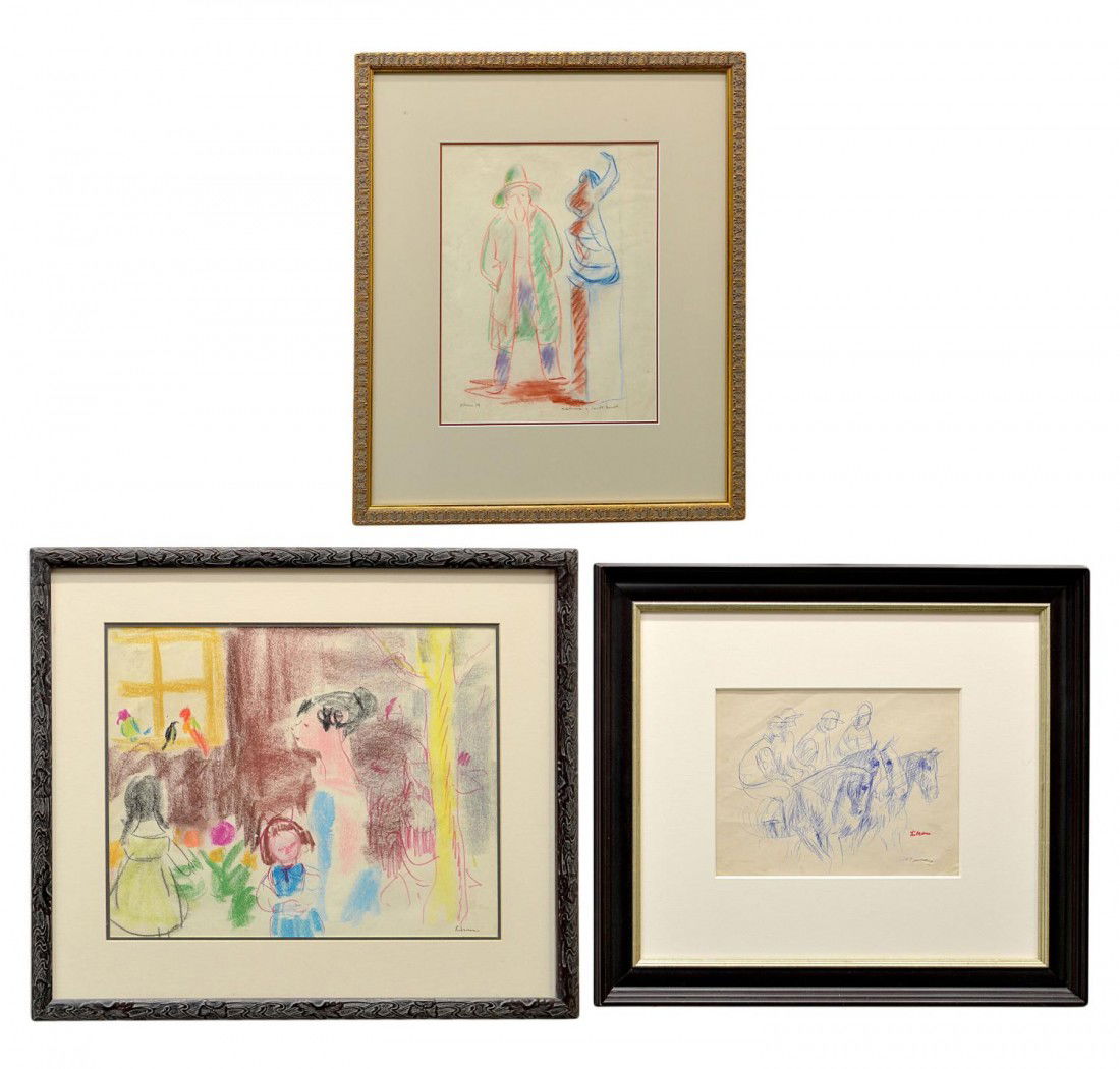 (3) FRAMED ART, GUSTAV LIKAN (1912-1998): (lot of 3) Framed art signed Likan (Gustav Likan, Yugoslavia, Illinois, Texas, 1912-1998): (1) Man & Dog, pastel, sight: 14"h, 11"w, overall: 24"h, 20.5"w; (1) Jockeys on Horses, blue ink, tear lower