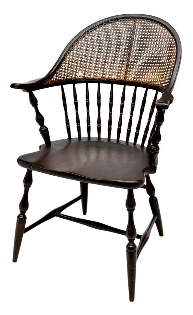MAHOGANY WINDSOR ARM CHAIR, EARLY 20TH C., SIGNED: Mahogany finish Windsor arm chair, Phoenix Chair Company, Sheboygan, Wisconsin, early 20th c., cane between upper and center rail with slight damage, saddle seat, turned legs, 37"h, 25.25"w, 18"d Star