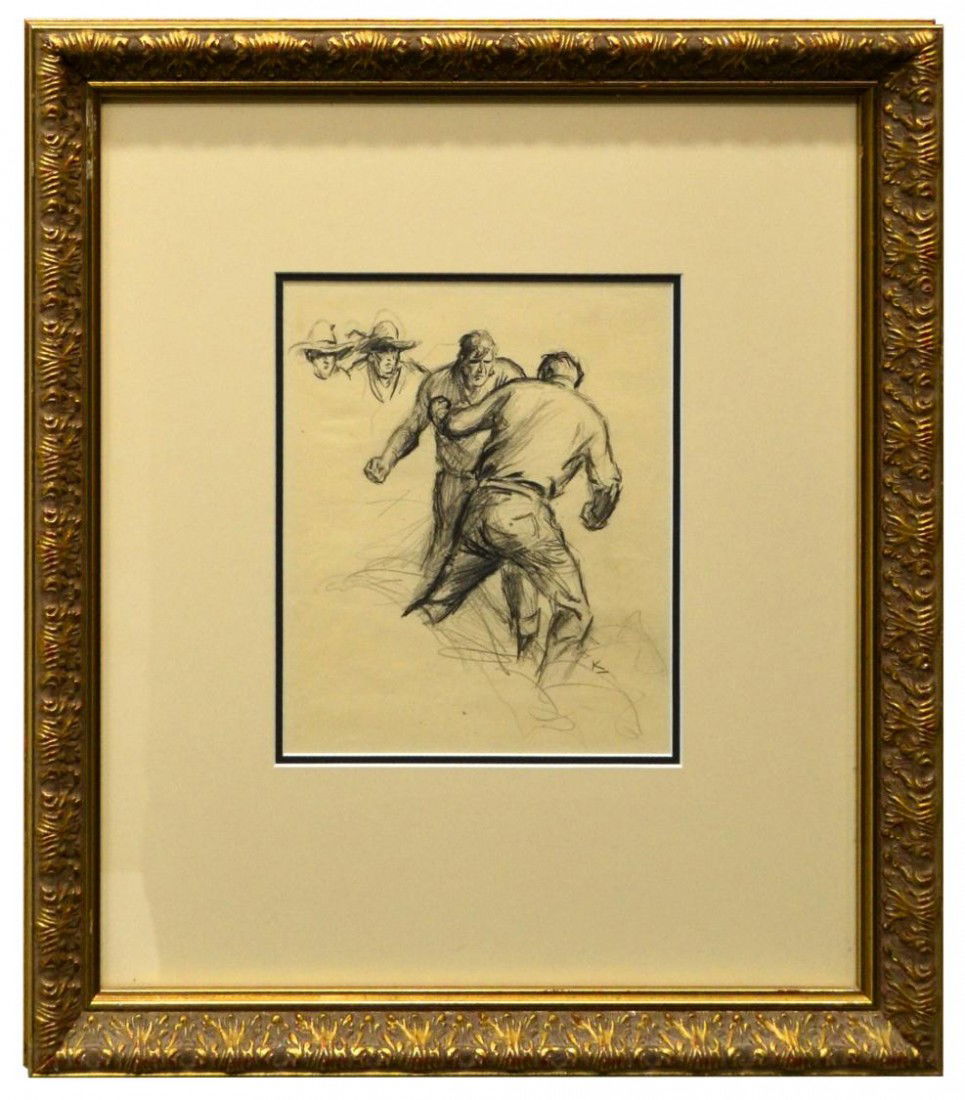 FRAMED DRAWING, W.H.D. KOERNER (1878-1938): Framed pencil drawing, Fight as Cowboy's Look On, signed lower right 'K' (William Henry Dethlef Koerner , Germany, United Stades, 1878-1938), sight: 9.5"h, 8"w, overall: 21"h, 18.5"w, 5.75lbs Start Pr