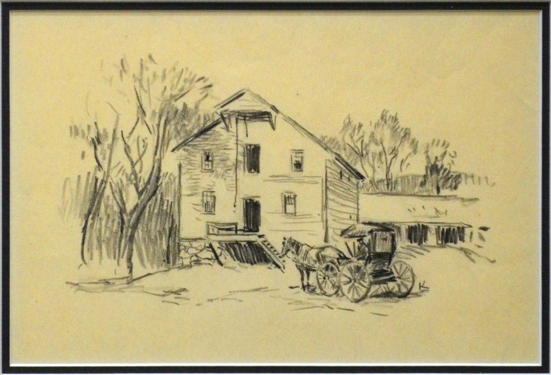 FRAMED DRAWING, W.H.D. KOERNER (1878-1938): Framed pencil drawing, Study with House and Horse Drawn Carriage, signed lower right 'K' (William Henry Dethlef Koerner , Germany, United Stades, 1878-1938), minor wear to frame, sight: 6.75"h, 10"w,