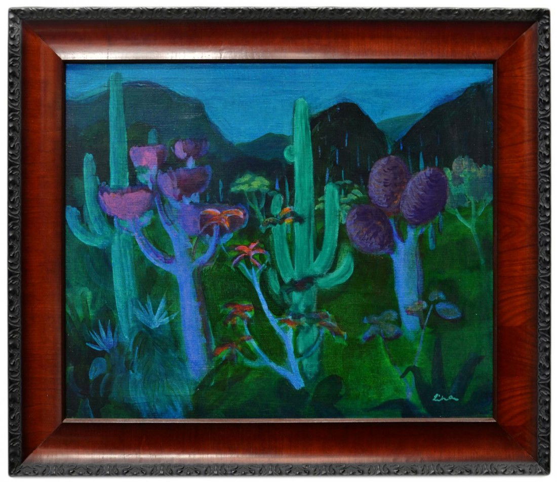 PAINTING, DESERT CACTUS, GUSTAV LIKAN (1912-1998): Framed painting on canvas, Blooming Desert Cactus in Mexico, signed lower right Likan (Gustav Likan, Yugoslavia, Illinois, Texas, 1912-1998), sight: 19.5"h, 23.5"w, overall: 26"h, 30"w, 6.25lbs Start