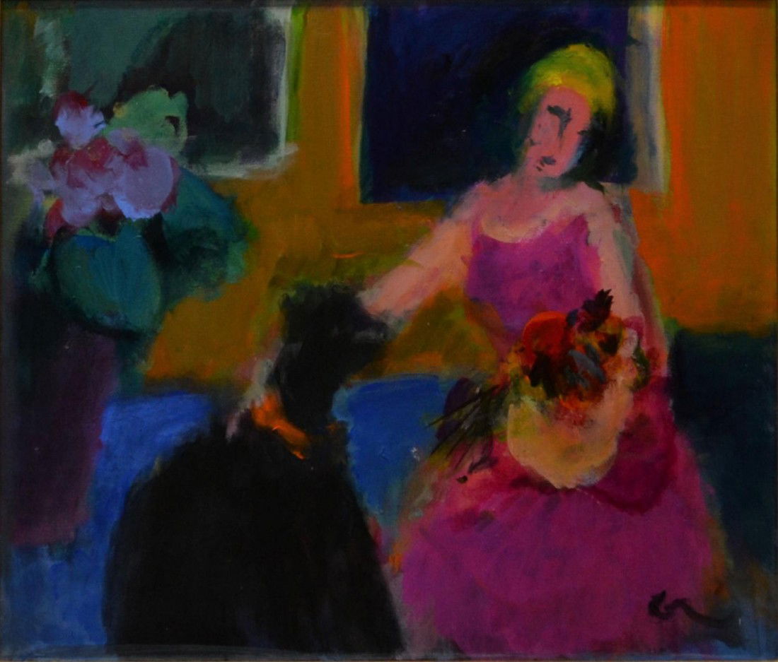 OIL PAINTING, LADY & DOG, GUSTAV LIKAN (1912-1998): Framed painting on canvas, Lady & Dog, signed lower right Likan (Gustav Likan, Yugoslavia, Illinois, Texas, 1912-1998), sight: 19.5"h, 23.5"w, overall: 26.25"h, 30.5"w, 8.5lbs Start Price: $200.00