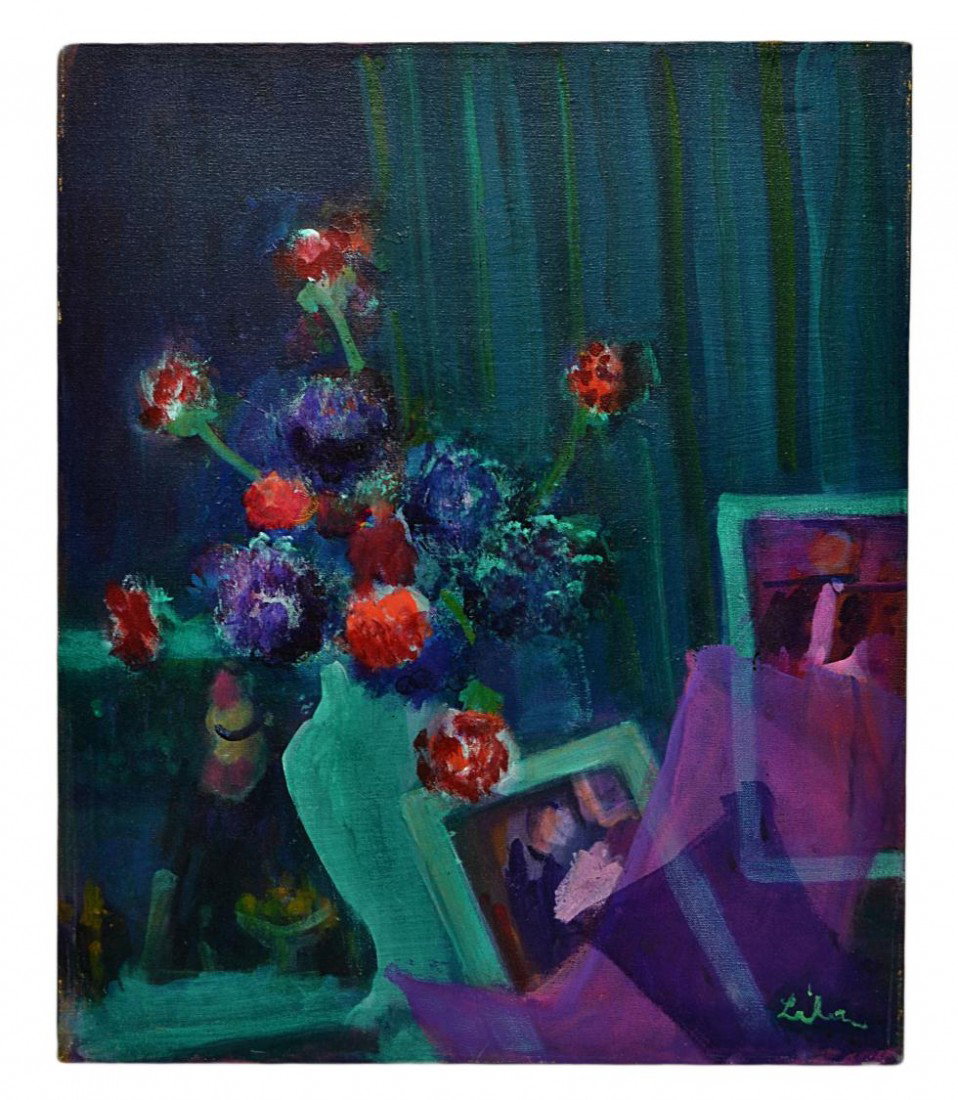 FRAMED ACRYLIC PAINTING, GUSTAV LIKAN (1912-1988): Framed acrylic painting on canvas, Vase with Flowers, signed lower right Gustav Likan (Yugoslavia, Illinois, Texas, 1912-1998), 24"h, 20"w Start Price: $200.00
