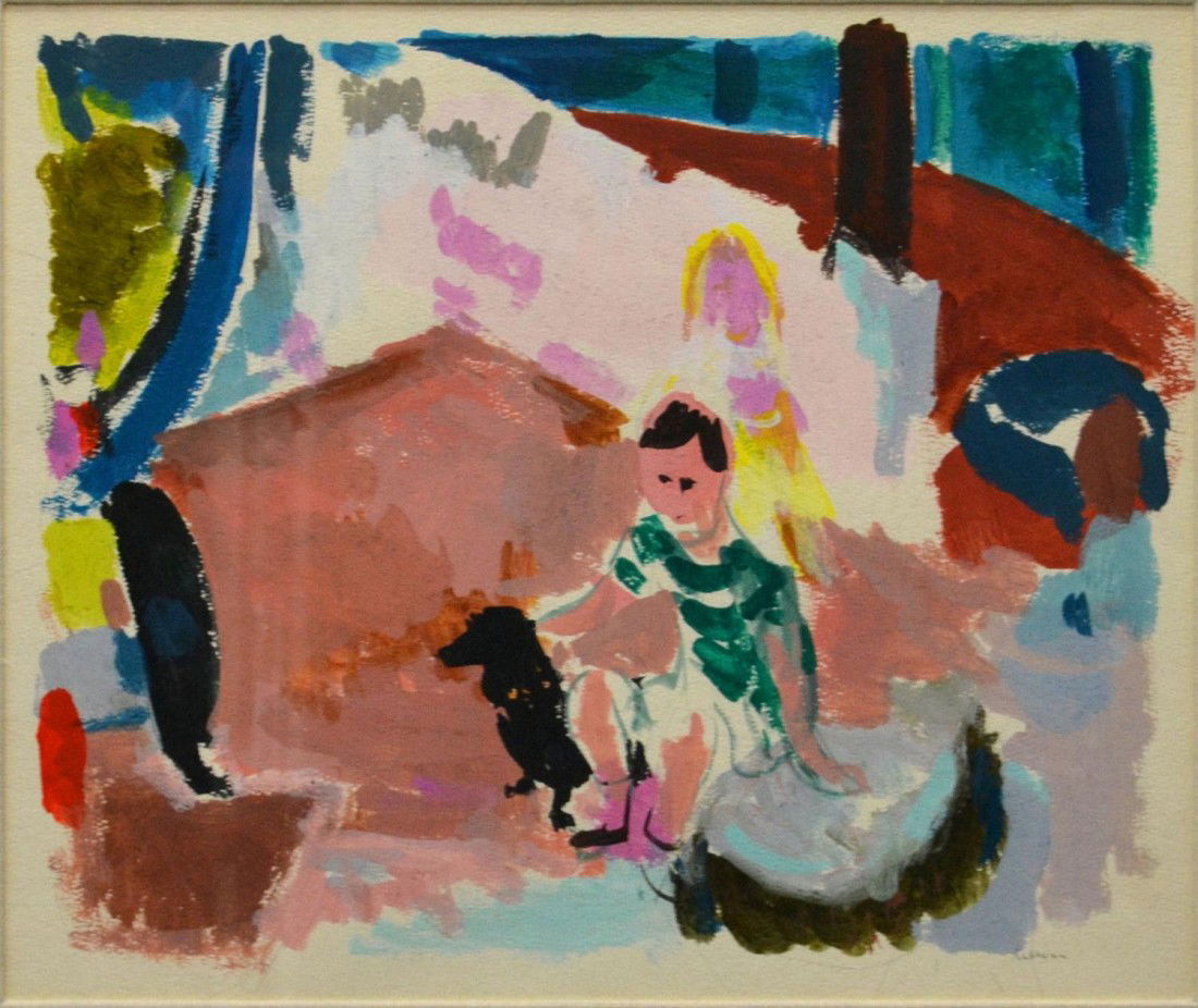 FRAMED PAINTING, BOY & DOG, GUSTAV LIKAN 1912-1998: Framed watercolor painting on paper, Boy with Dog, signed lower right Likan (Gustav Likan, Yugoslavia, Illinois, Texas, 1912-1998), sight: 13"h, 15.5"w, overall: 19.5"h, 22"w, 4.75lbs Start Price: $10