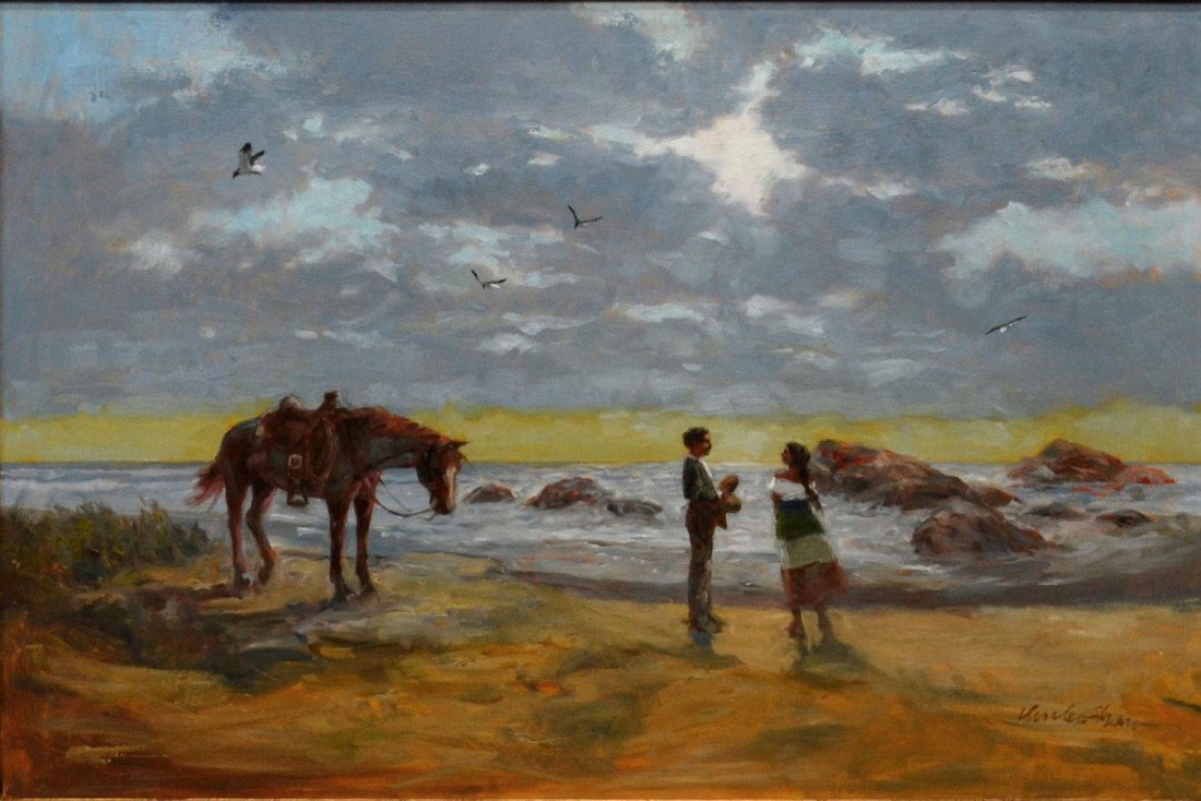 FRAMED OIL PAINTING, CHARLES SHAW, TEXAS,1941-2005: Framed oil painting on canvas, Romantic Getaway, signed lower right Charles Shaw, (Texas,1941-2005), sight: 23.5"h, 35.5"w, overall: 32.5"h, 45"w, 10lbs Start Price: $225.00