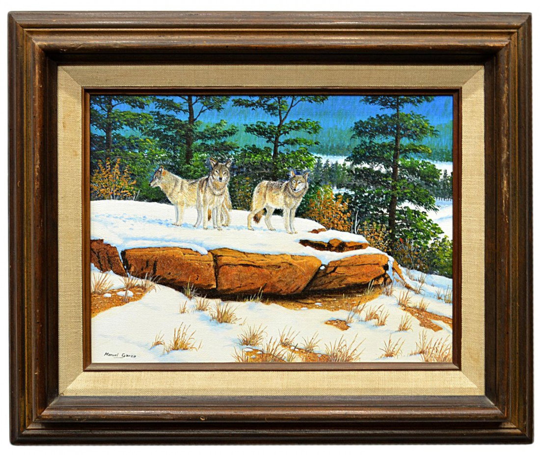 PAINTING, TIMBER WOLVES, MANUEL GARZA (B. 1940): Framed oil painting on canvas, Three Wolves, signed lower left Manuel Garza (Texas, b. 1940), signed again on verso, sight: 8.5"h, 11.5"w, 2lbs Start Price: $50.00