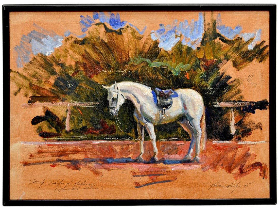 PAINTING, "POLICE HORSE", MARCUS HODGE (b. 1966): Framed oil painting on canvas, Police Horse, signed, dated lower right Marcus Hodge (England, b. 1966), sight:17.75"h, 23.5"w, overall: 19.25"h, 25"w, 3lbs Start Price: $100.00