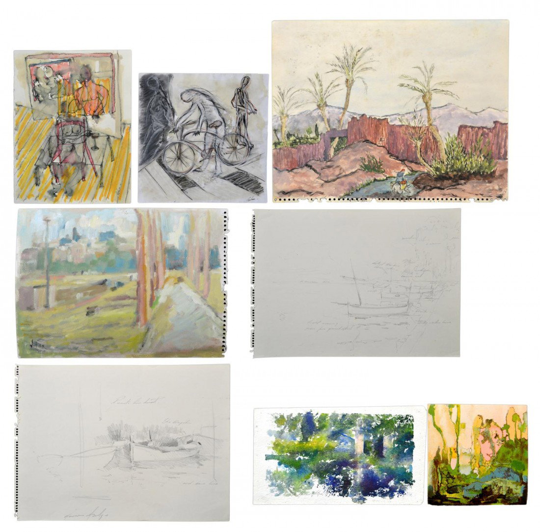 UNFRAMED ART, MARCUS HODGE, ANDRES BELMAR, ETC.: Collection unframed art: (2) a drawing and a watercolor, each by Andrés Belmar (Chilean, b 1966-), varied nudes and scenes, largest: 14"h, 10.5"w; (1) Abstract, oil on paper, signed Julien (Julien Pe