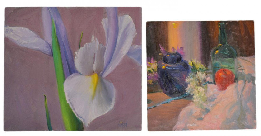 (2) OIL PAINTINGS, DON WARD, NEW MEXICO, B. 1947: ( lot of 2) Unframed oil paintings on board, both signed lower right D. Ward, (Don Ward, New Mexico, b. 1947): (1) "Still Life with Apple," 16"h, 16"w; (1) Iris, 18"h, 20"w; 3lbs total Start Price: $8