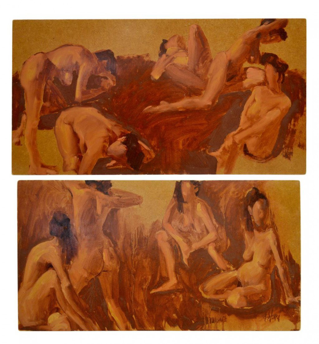 (2) OIL PAINTINGS, NUDE, DON WARD,NEW MEXICO: (lot of 2) Unframed oil paintings on board, Bath House, signed lower right D. Ward, (Don Ward, New Mexico, b. 1947), largest: 13.75"h, 26.5"w, 3.25lbs total Start Price: $80.00