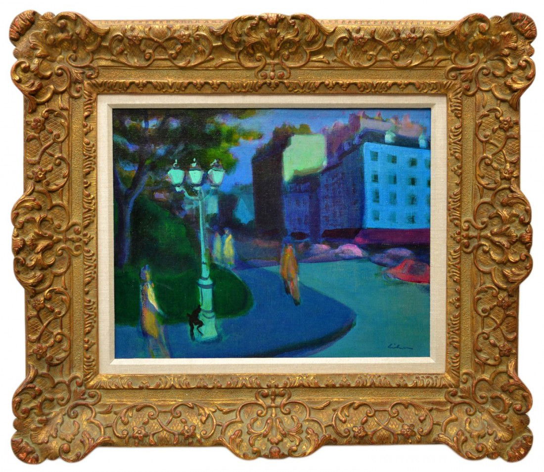 PAINTING, STREET SCENE, GUSTAV LIKAN (1912-1998): Framed painting on canvas, Paris Street Scene, signed lower right Likan (Gustav Likan, Yugoslavia, Illinois, Texas, 1912-1998), sight: 15.5"h, 19"w, overall: 26.5"h, 30"w, 13lbs Start Price: $400.00